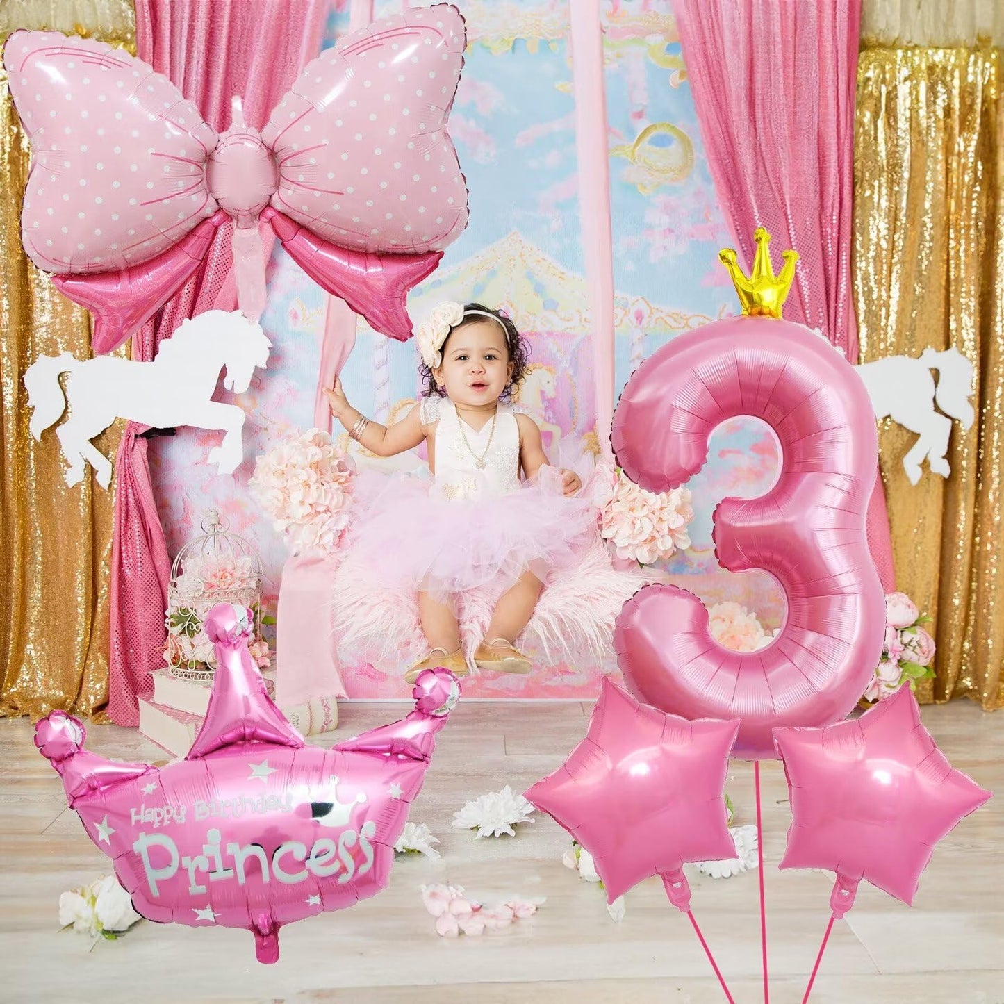 3Rd Birthday Decorations For Girls, Pink 3Rd Birthday Balloon Set With 40 Inch Pink Number 3, Large Helium Foil Mylar Crown Balloon, Pink Bow Foil Balloons For Baby Girl Daughter First Birthday Party