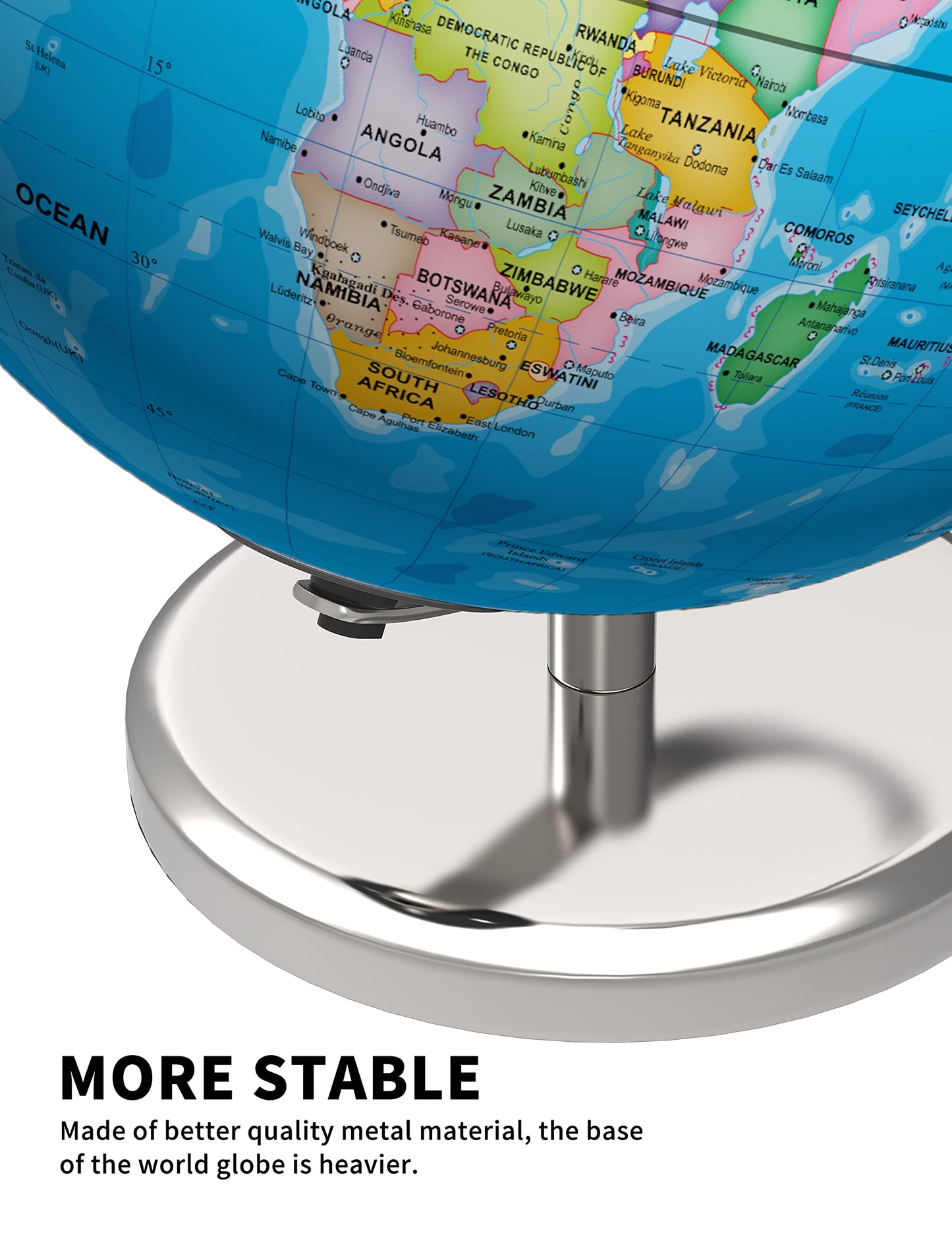 Waldauge 9'' Illuminated World Globe With Stand, Earth Globes With Stable Heavy Metal Base For Kids Classroom Learning, Led Cons