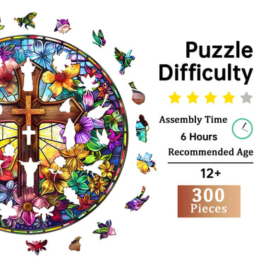 Jigfoxy Wooden Puzzles for mature-themeds Stained Glass Cross Wood Puzzles mature-themed Unique Animal Shape Wooden Jigsaw Puzzles for mature-themeds Birthday Gifts for Puzzle Lovers Family (L-13.4 * 13.4in-300pcs)