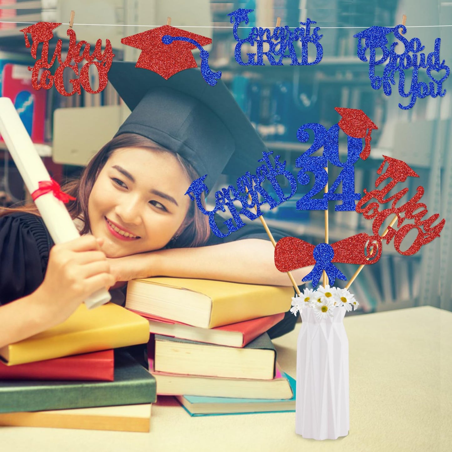 24Pcs Graduation Centerpieces For Tables 2025 Graduation Centerpiece Sticks Class Of 2025 Centerpiece Sticks For Graduation Table Decorations Graduation Decorations 2025 (Red Blue)