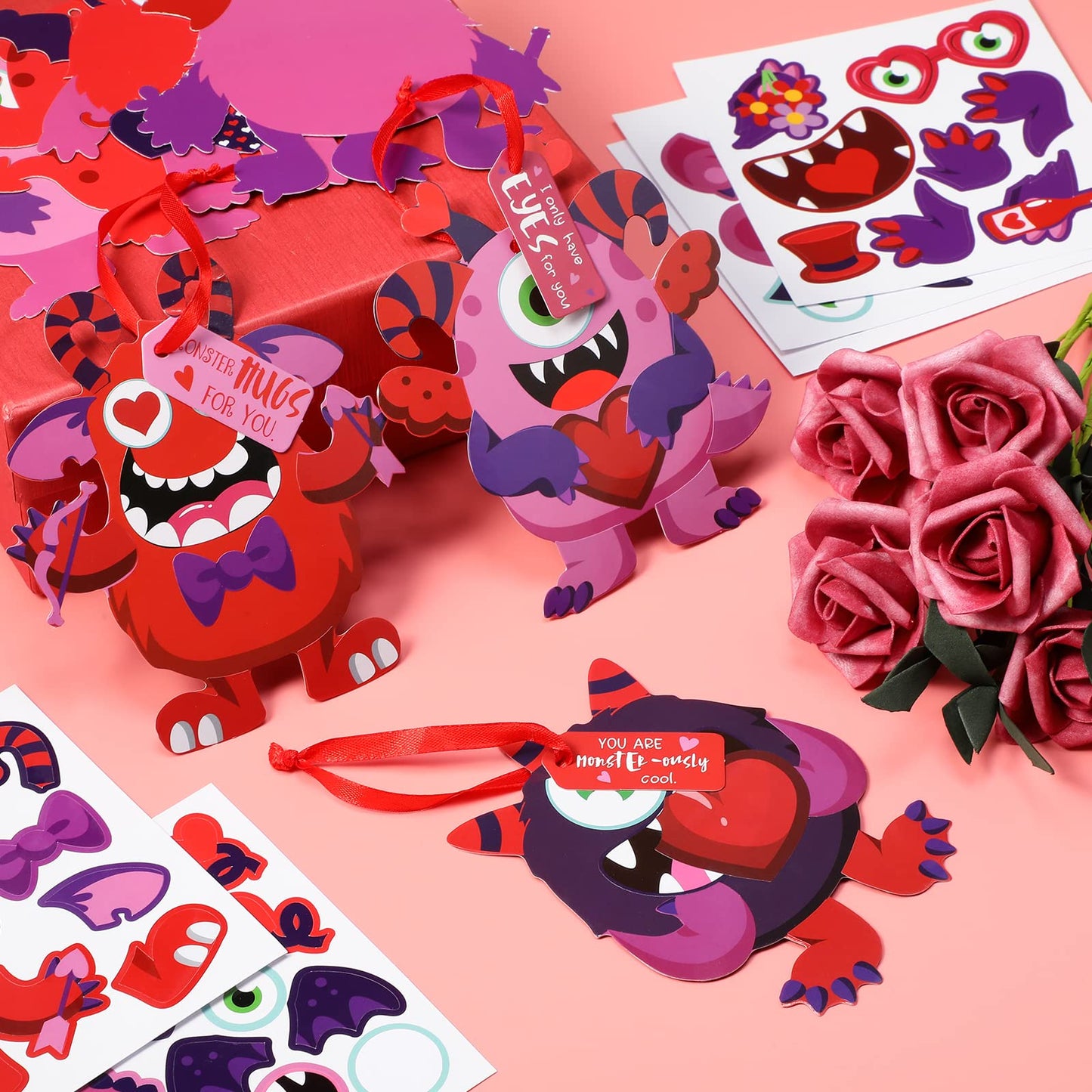 64 Sets Valentines Day Crafts Kits for Kids, Valentines Day DIY Monster Cards for Kids, Valentines Paper Craft Hanging Ornamen