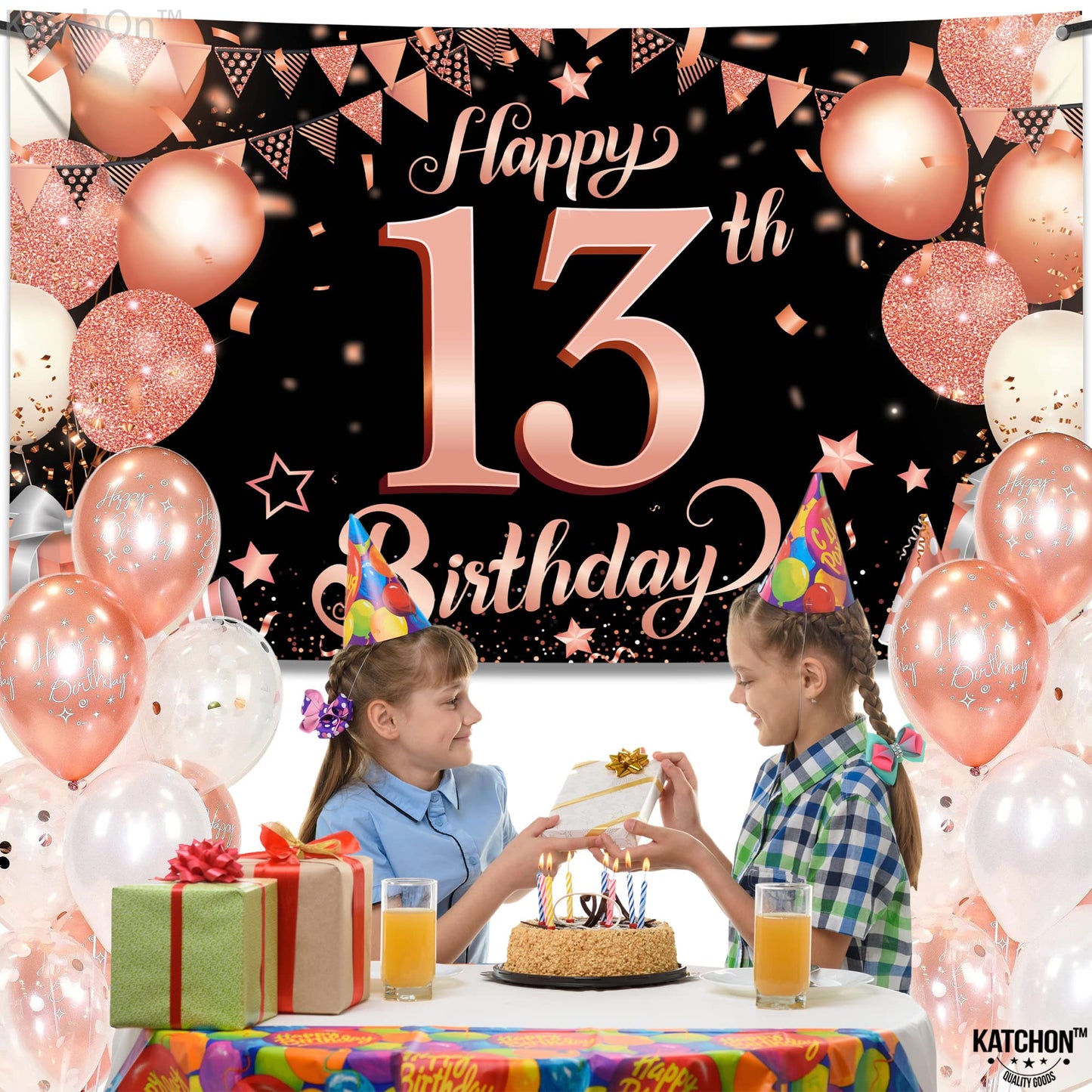 Katchon, Rose Gold Happy 13Th Birthday Banner - Huge, 72X44 Inch | Rose Gold And Black 13Th Birthday Backdrop, 13Th Birthday Party Decorations | 13 Birthday Banner, 13Th Birthday Decorations For Girls