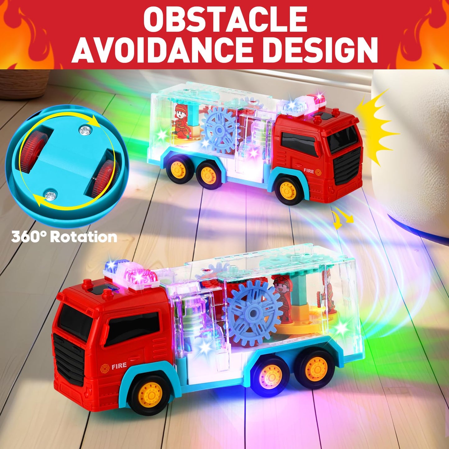 Light-Up Fire Truck Toy For Toddler,Educational Crawling Sensory Baby Toys With Rotating Gear,Cool Lights And Musical.Infant Tummy Time Toys For Kids Boys Girls 6-12-18 Months Age1 2 3 4 5 (Red)