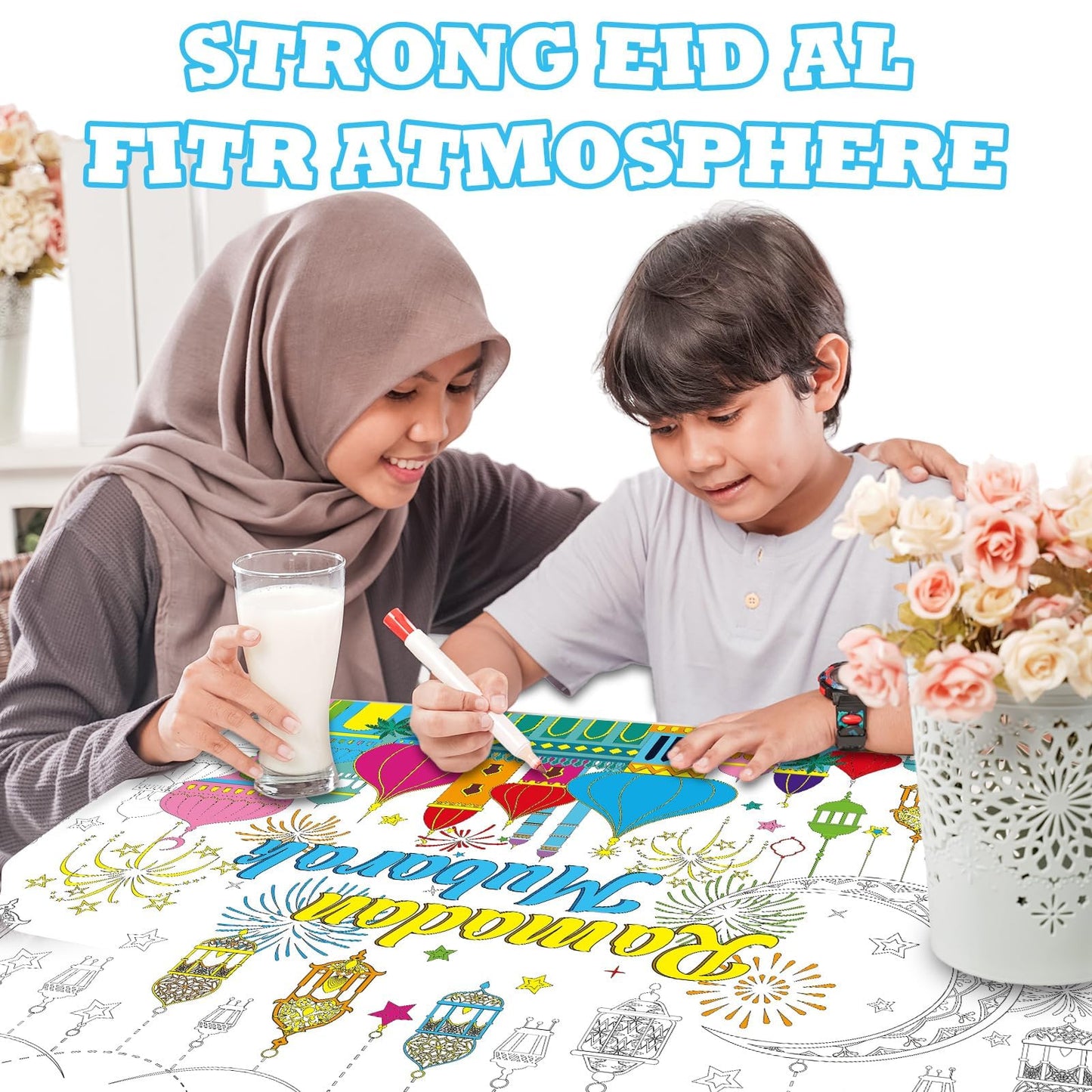 Naozinebi Ramadan Mubarak Coloring Poster For Kids Giant Coloring Poster Large Ramadan Kareem Coloring Tablecloth Jumbo Coloring