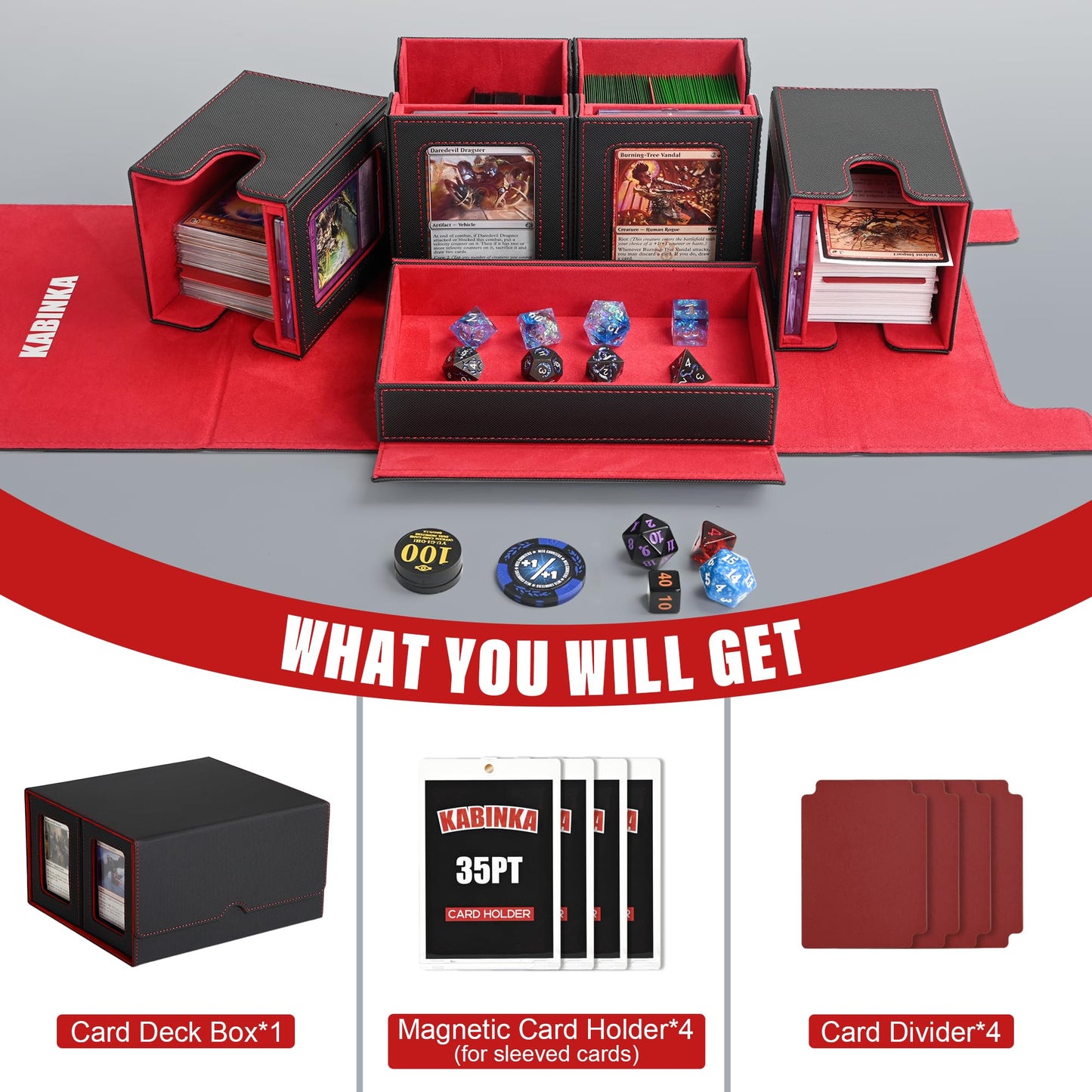 MTG Deck Box with Commander Display -protected designed Design 5 in 1 Trading Card Storage Box Fit 400 Double-sleeved Cards Card Deck Case for TCG/Sports Cards with 4 Magnetic Card Holders (Black&Red)