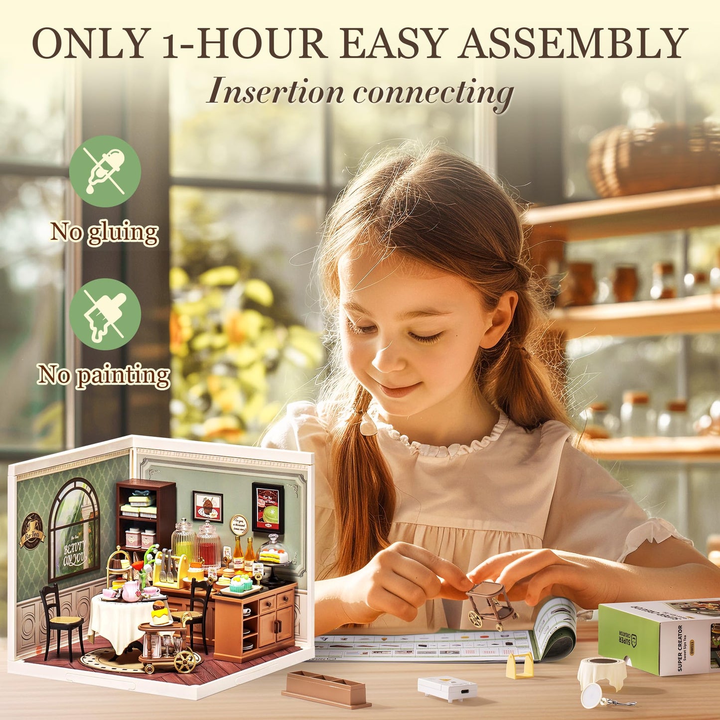 Robotime Miniature House Kit Diy Plastic House Building Toy Set With Led Tiny Store Making Kit Model Craft Hobby Unique Gift (Sweet Sips Tea)