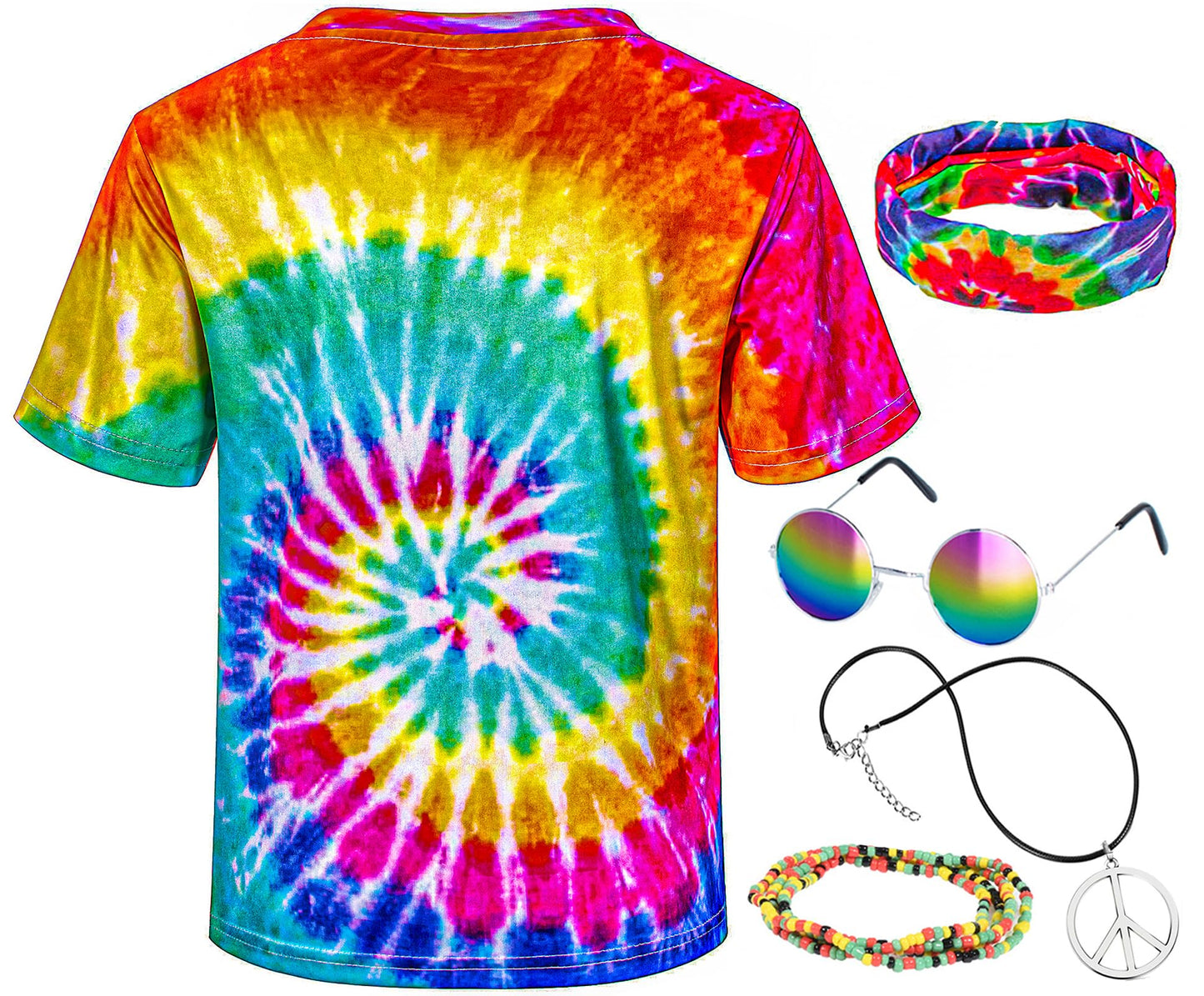 Kids Hippie Costume For Boys Girls 60S 70S T-Shirt 5Pcs Set For Halloween Party 5-6T Multicolor