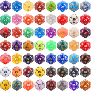 AUSTOR 56 Pieces 20 Sided Dice Set Mix Color D20 Dice Polyhedral Dice Assortment with a Black Velvet Storage Bag for DND RPG MTG