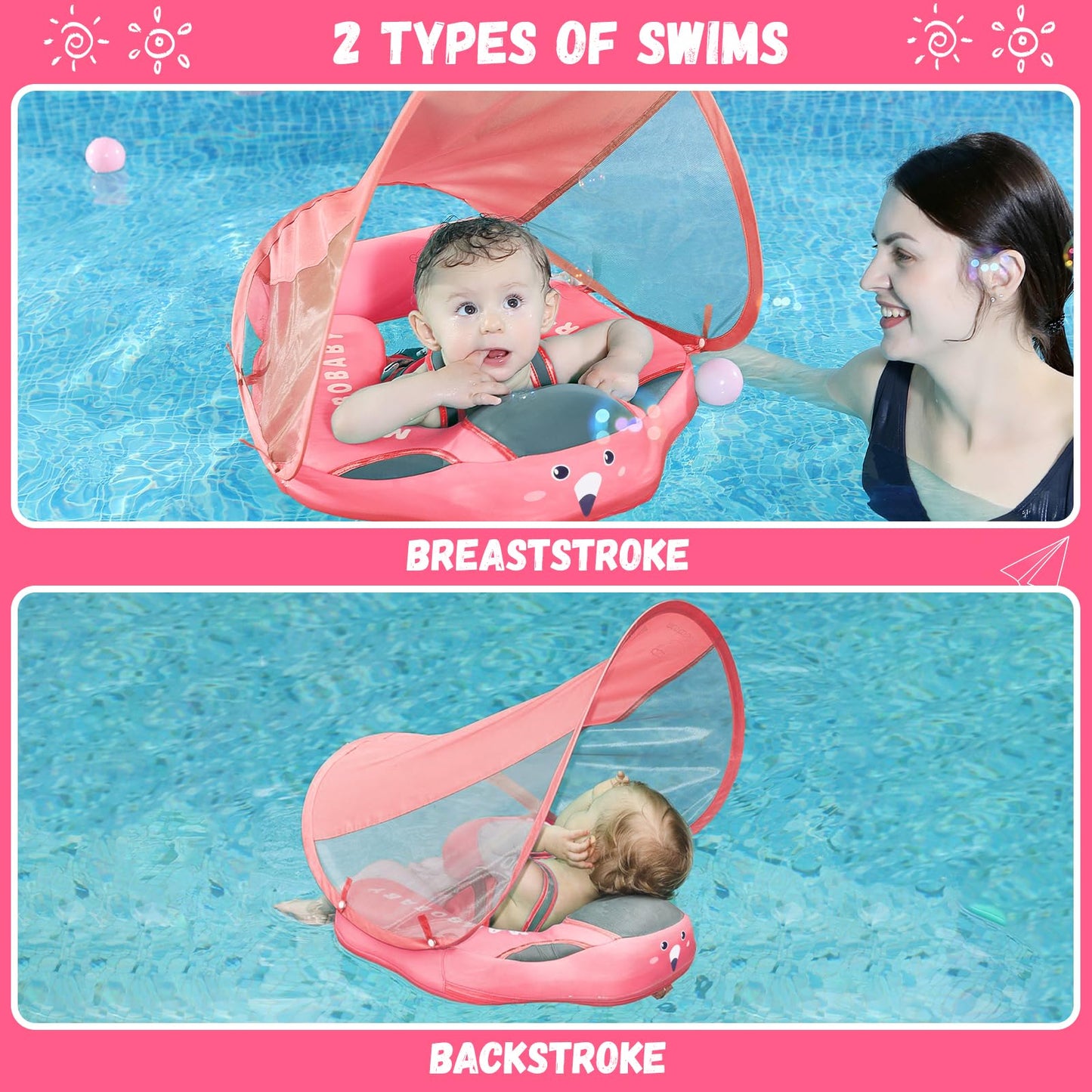 Genteaco Mambobaby Baby Pool Float With Removable Canopy 3-24 Months Baby Float Non-Inflatable Infant Swim Float Add Tail Avoid