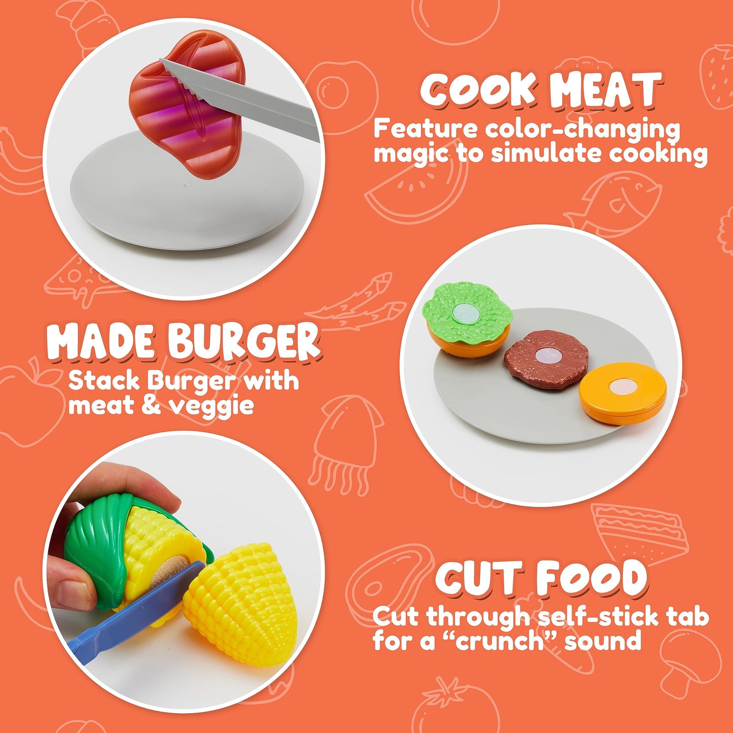 Kids BBQ Grill Playset, Kitchen Toy Set with Pretend Smoke, Light, Sound & Color-Changing Food, Toy Kitchen Accessories, Indoor