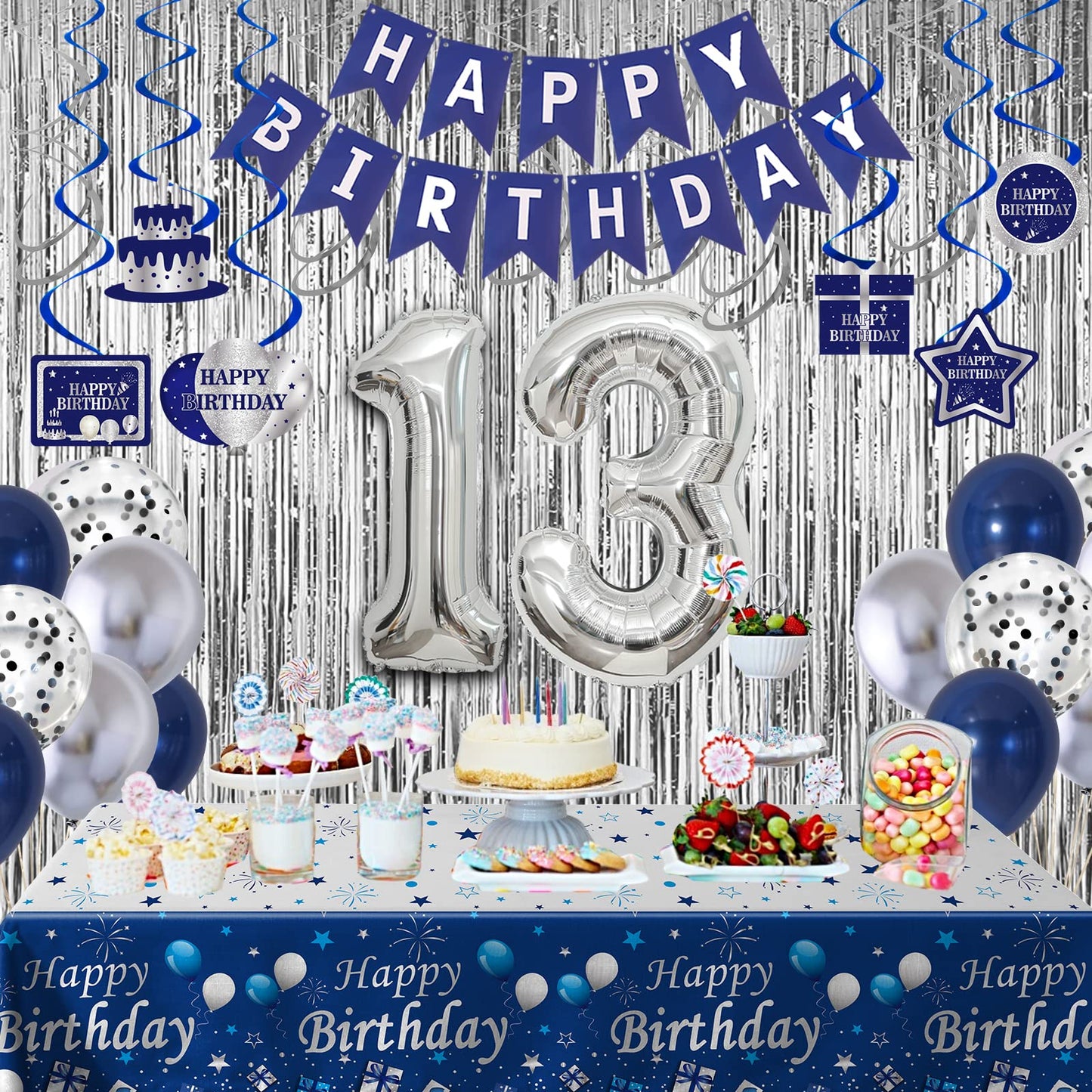13Th Birthday Decorations For Boys And Girls Blue Silver, Happy 13Th Birthday Decorations Banner Birthday Balloons Number 13 Tab