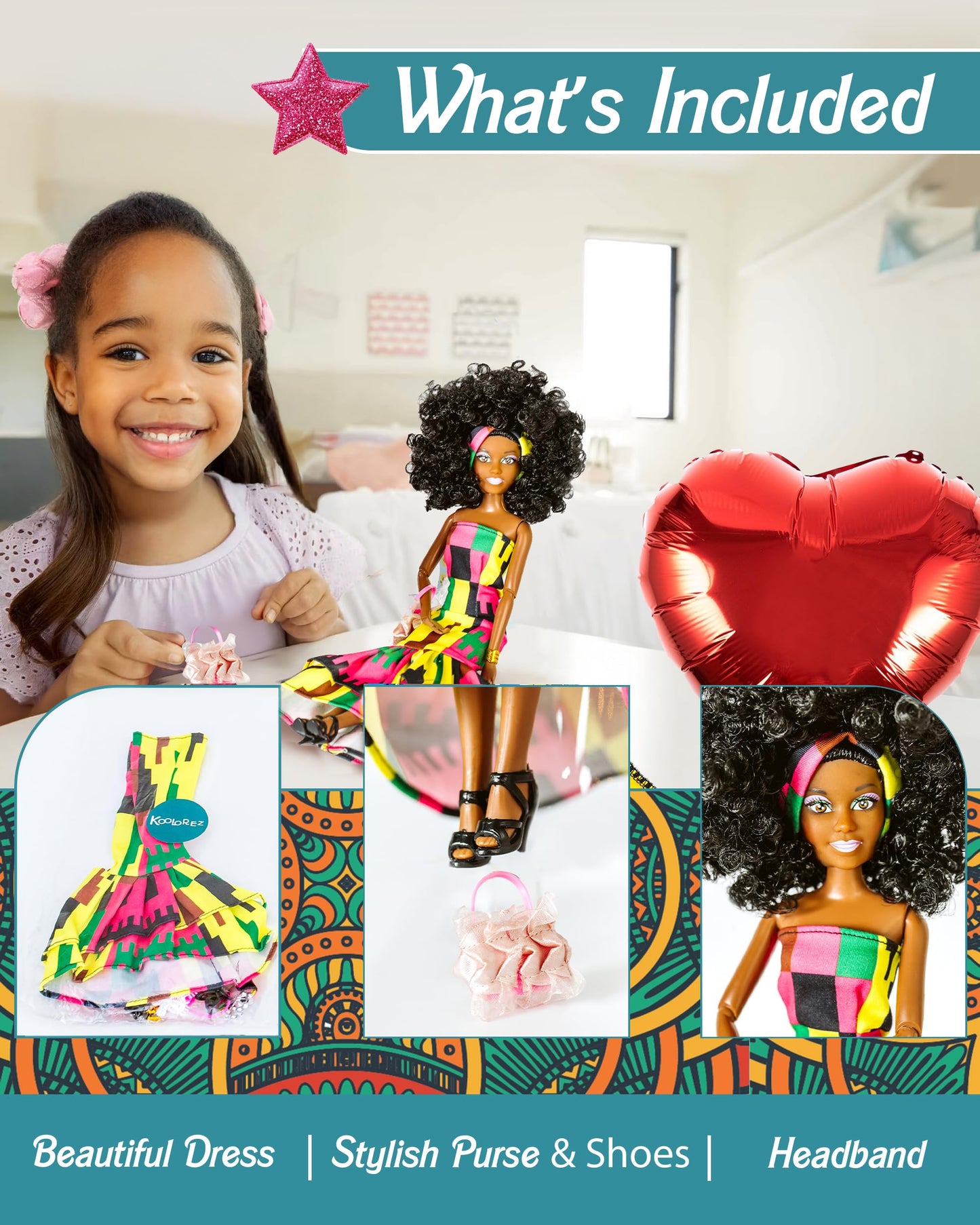KOOLOREZ: Maribel - Our Queens Black Doll Set - Brown/Black Afro Doll w/Movable Joints - Lovely 12.5 Dark Skin & Diversity Dolls - Vinyl Dolls for Girls with African Heritage Style Outfit