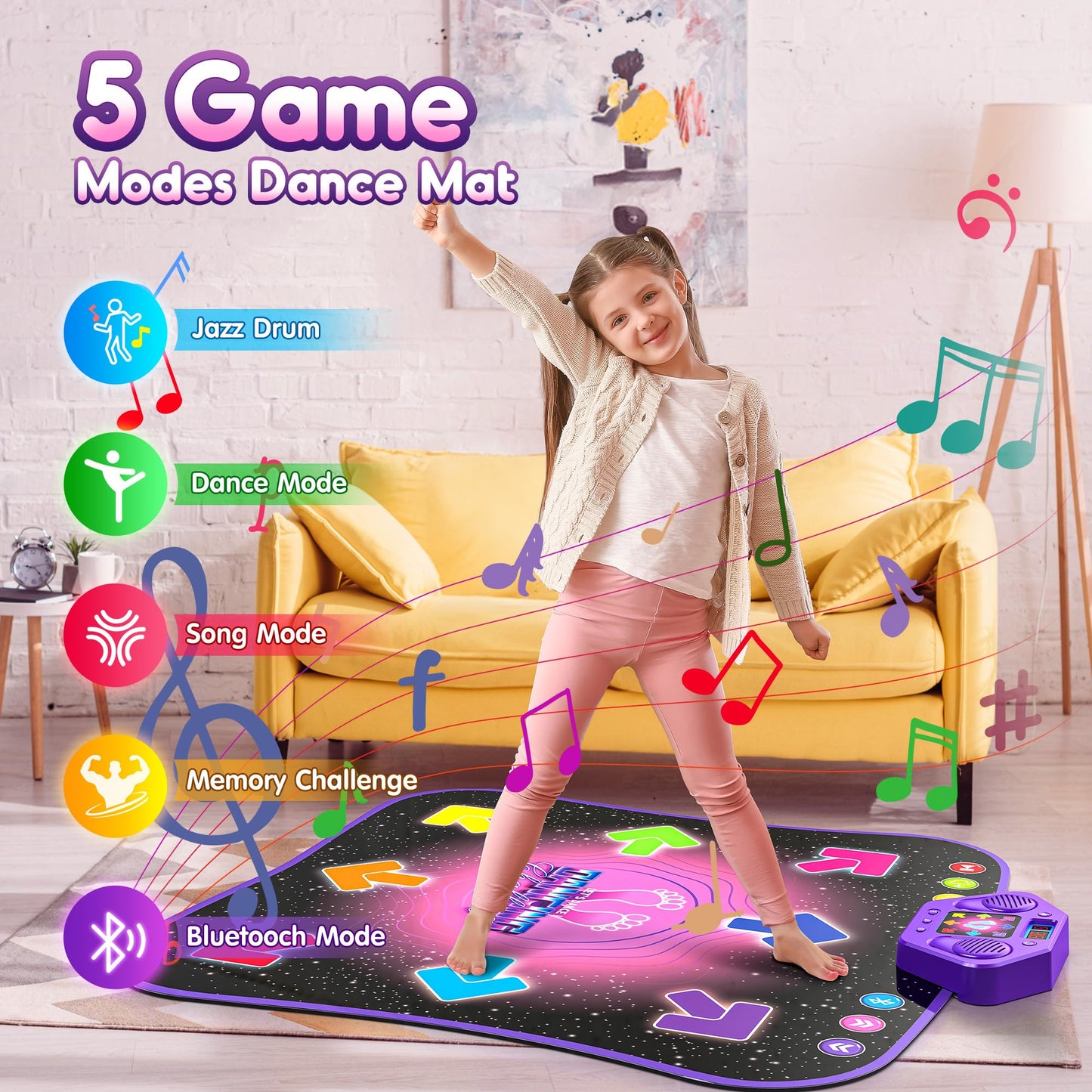 Flooyes Dance Mat Toys For 3-12 Year Old Kids, Electronic Dance Pad With Light-Up 8-Button Wireless Bluetooth, Music Dance With