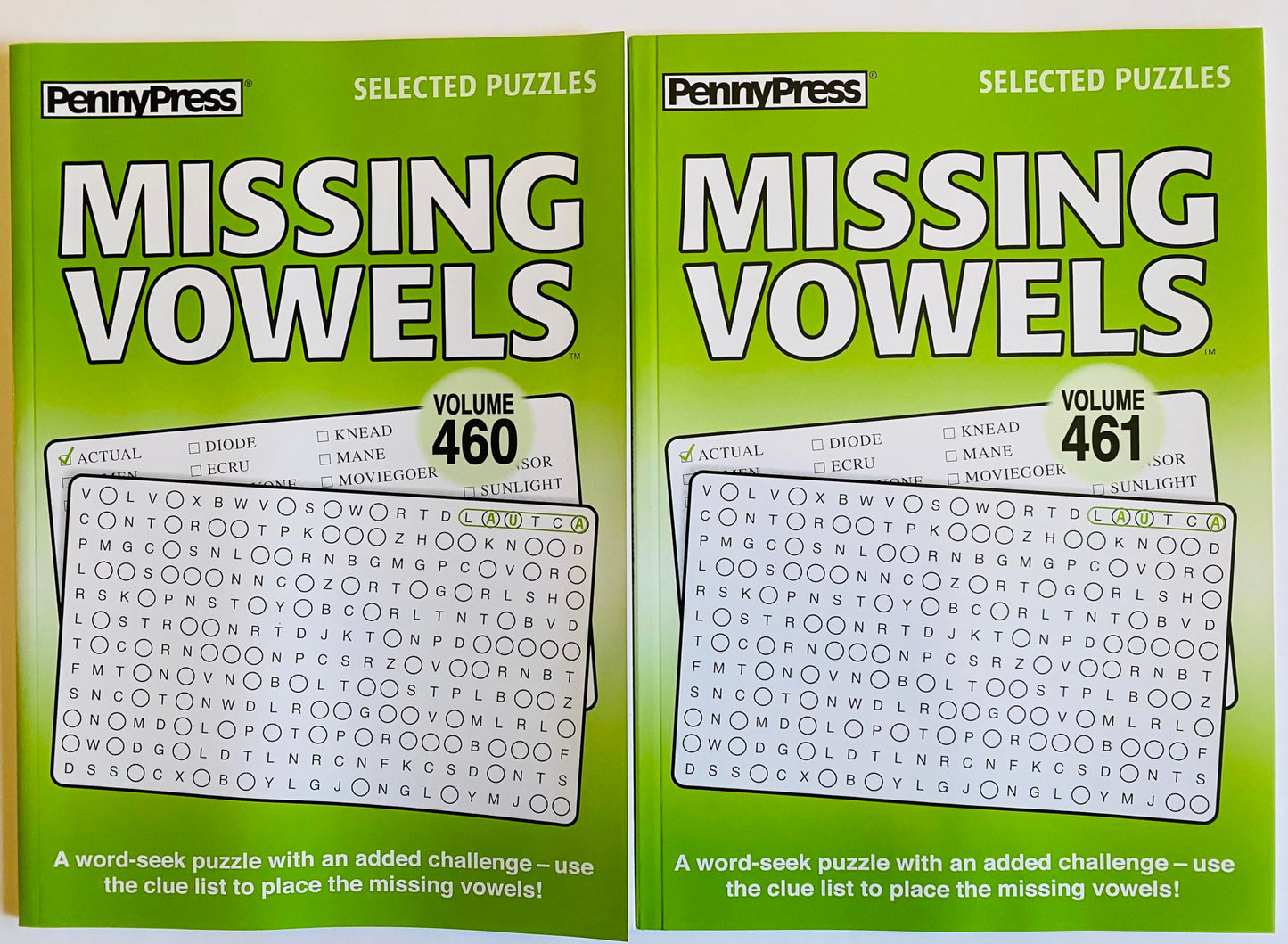 Volume Numbers 460 and 461 of Penny Press Missing Vowels Word Search Seek Circle Find Books. Selected Puzzles