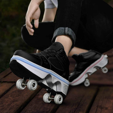 Double-Row Deform Wheel Automatic Walking Shoes Invisible Deformation Roller Skate 2 in 1 Removable Pulley Skates Skating Parkour (Black with Light US 7)