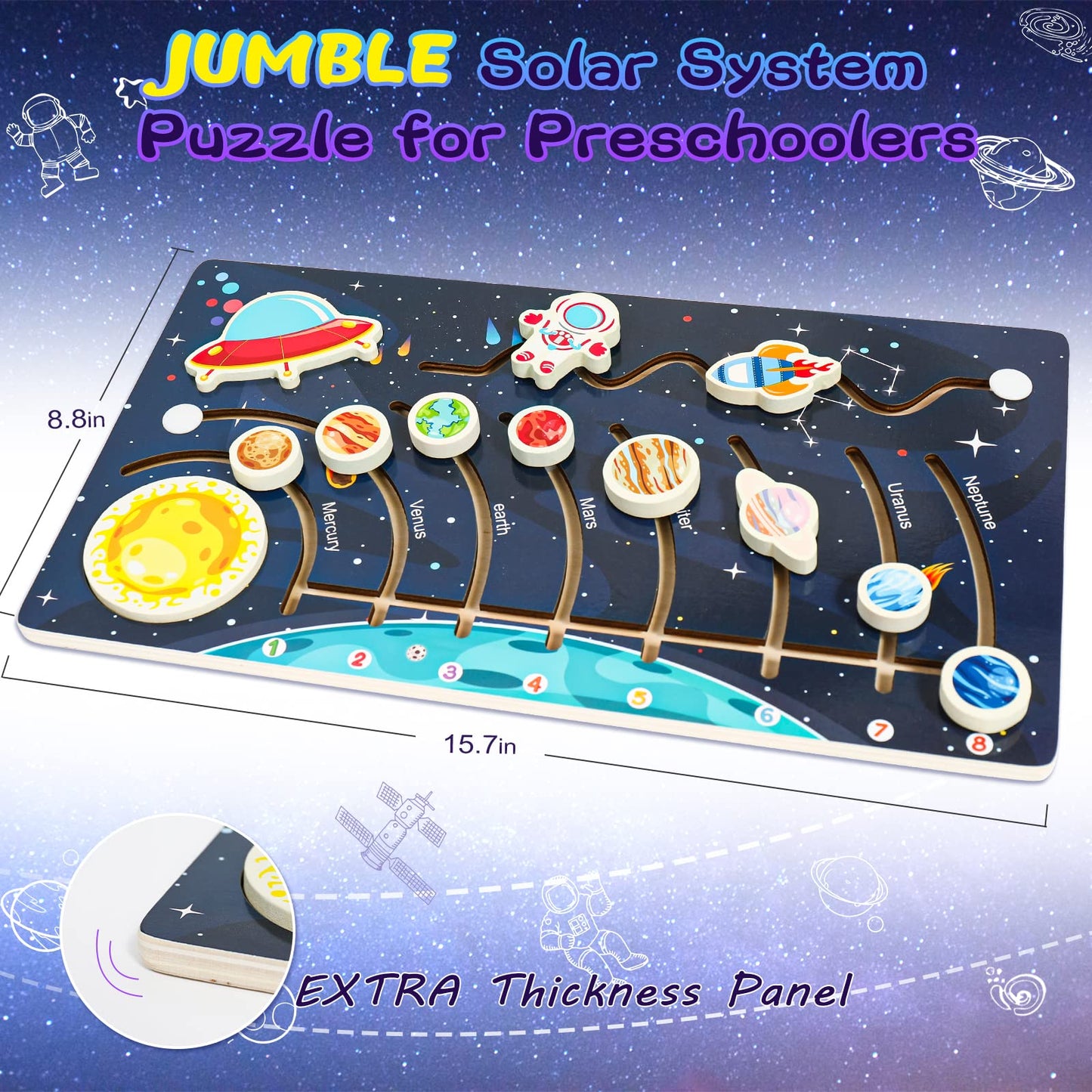 Zeoddler Movable Solar System Puzzle For Kids 3-6, Wooden Space Toys, Planets For Kids Preschool Learning Activities, Gift For Boys, Girls