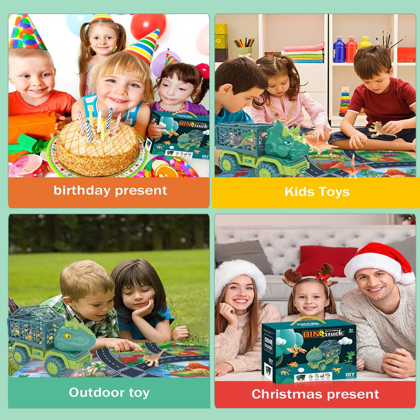 HONGID Dinosaur Truck Toy Set for Kids 3-5, Large Play Mat, 15 Dino Figures, Colorful Plastic, Perfect for Christmas Stocking Stuffers