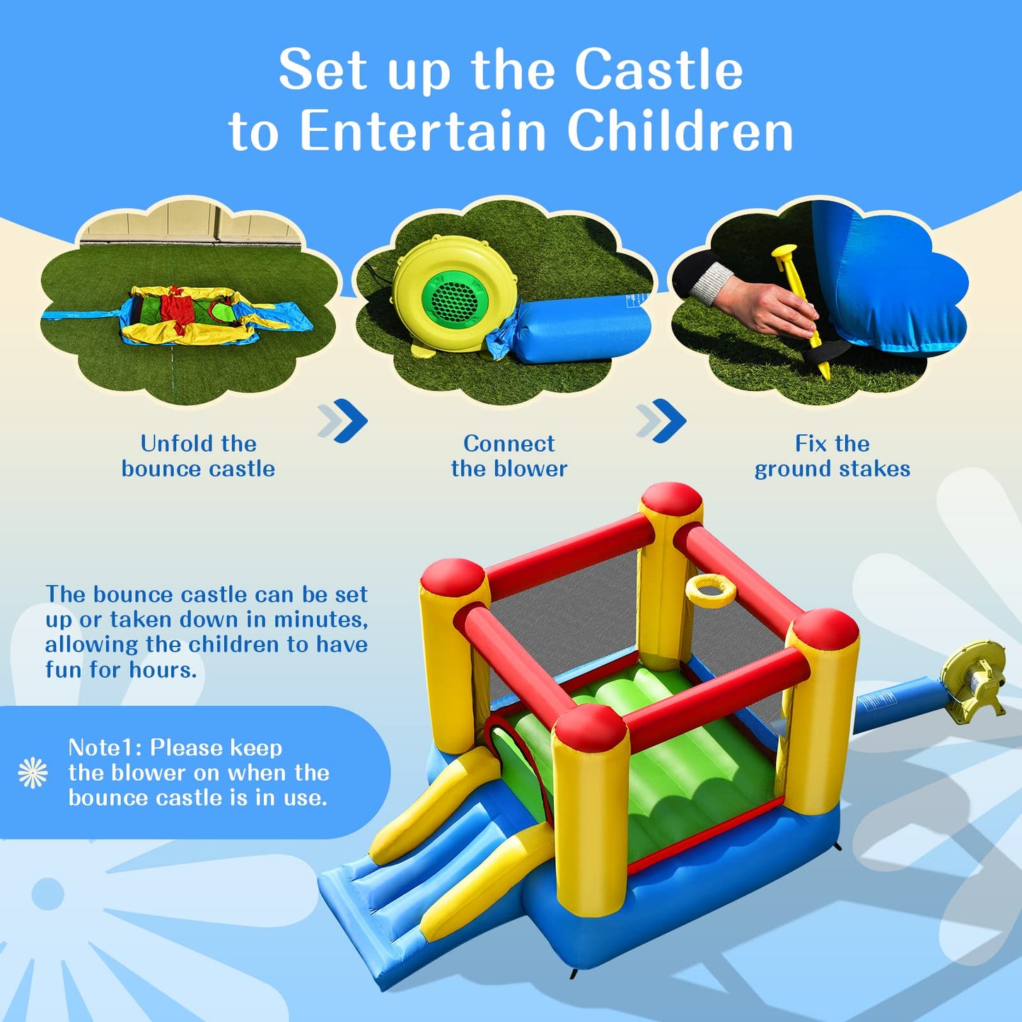 Olakids Inflatable Bounce House, Jumping Castle With Slide, Bouncing Area, Basketball Rim, Indoor Outdoor Bouncy House, Polyeste