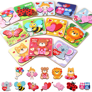 12Pcs Valentines Day Gifts For Kids Valentine Wooden Puzzles For Toddlers Learning Toy Valentines Day Puzzles Party Favors For B