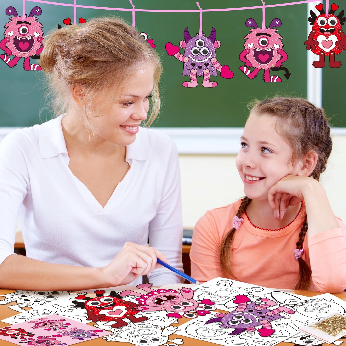 WATINC Valentines Day Monster Craft Kit - 36Pcs Color Your Own Movable Love Monster Hanging Ornament, DIY Valentines Day Monster