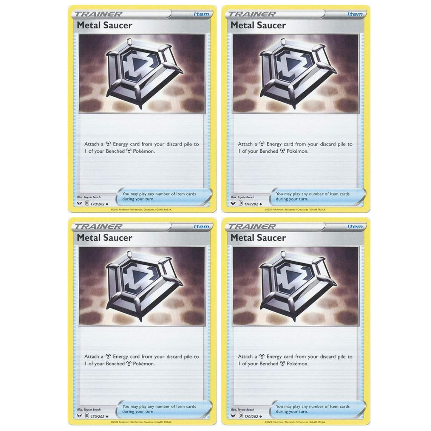Pokemon Card - Metal Saucer - decorative replica blade and Shield Base - x4 Card Lot Playset - 170/202 Uncommon