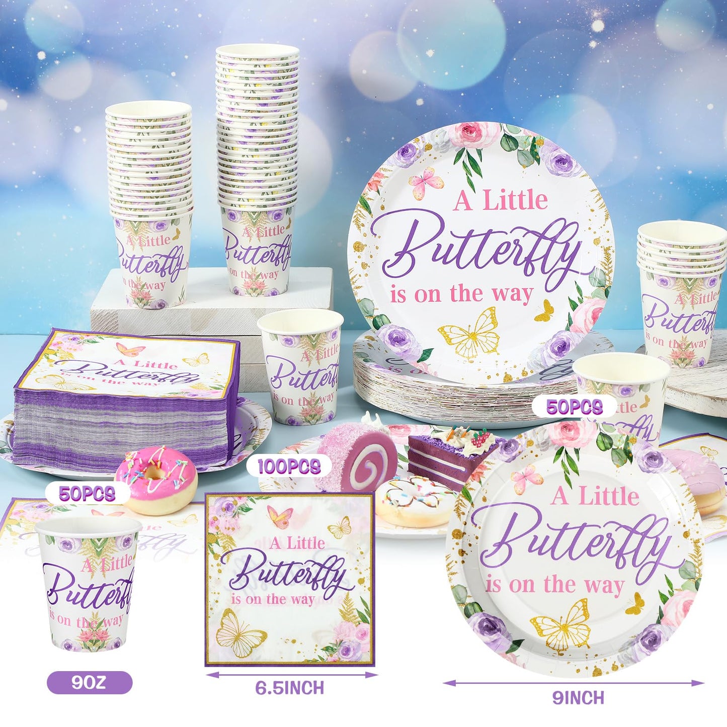 200 Pcs Butterfly Baby Shower Paper Plates Napkins Cups Girl Shower Party Supplies Tableware Set Purple Disposable Cup Napkin Fo