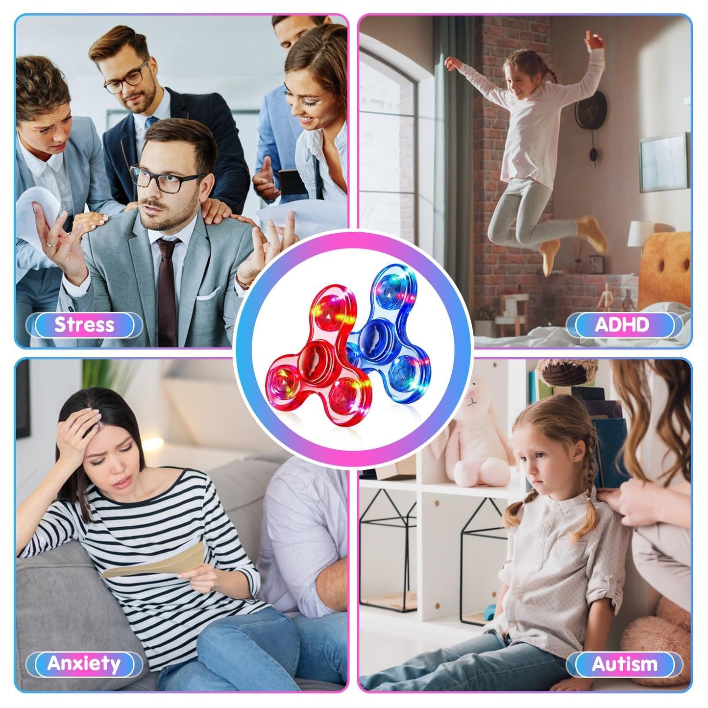 Fidget Spinner For Kids Adults 2 Pack, Light Up Sensory Fidget Toys For Kids 5-7 With Autism Adhd, Valentines Day Gifts For Kids