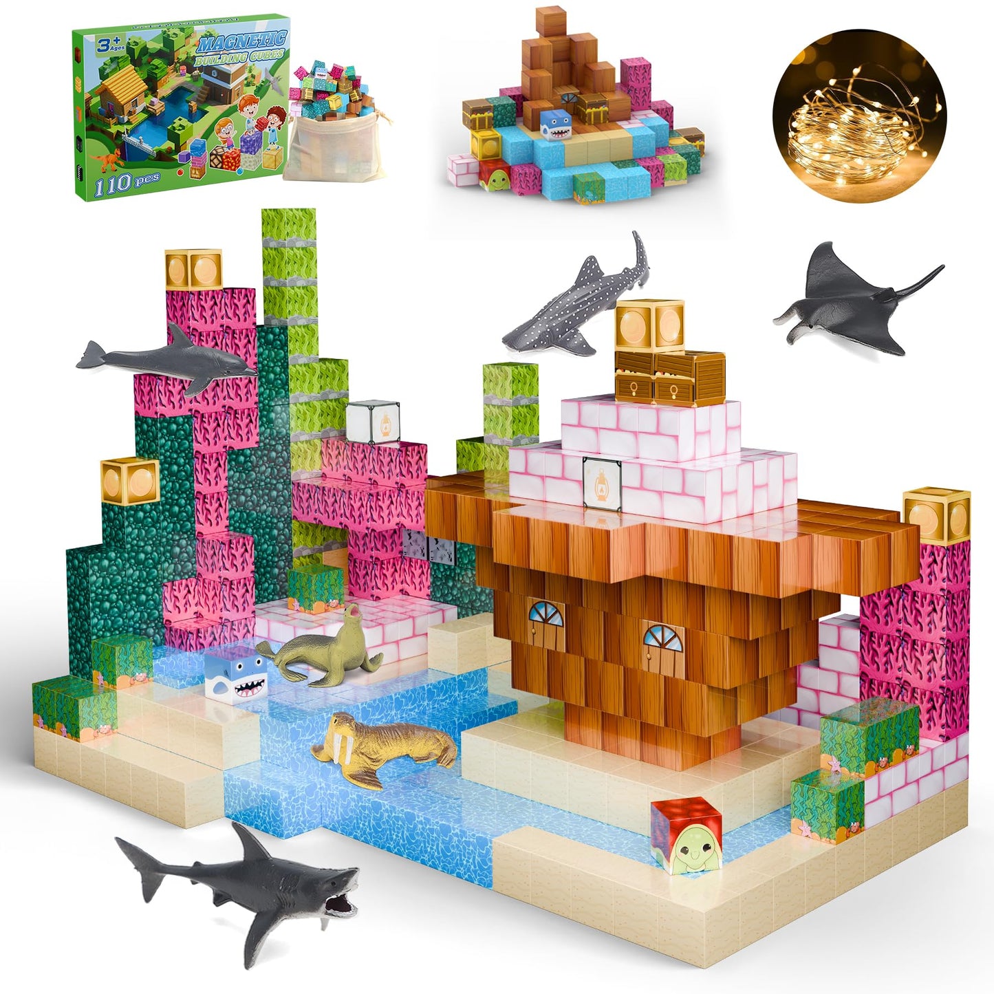 Dulsaera Magnetic Blocks 110Pcs With 6 Animal Toys, Mine Ocean Building Blocks Set, Toys For Boys & Girls Age 6-8, Stem Montesso