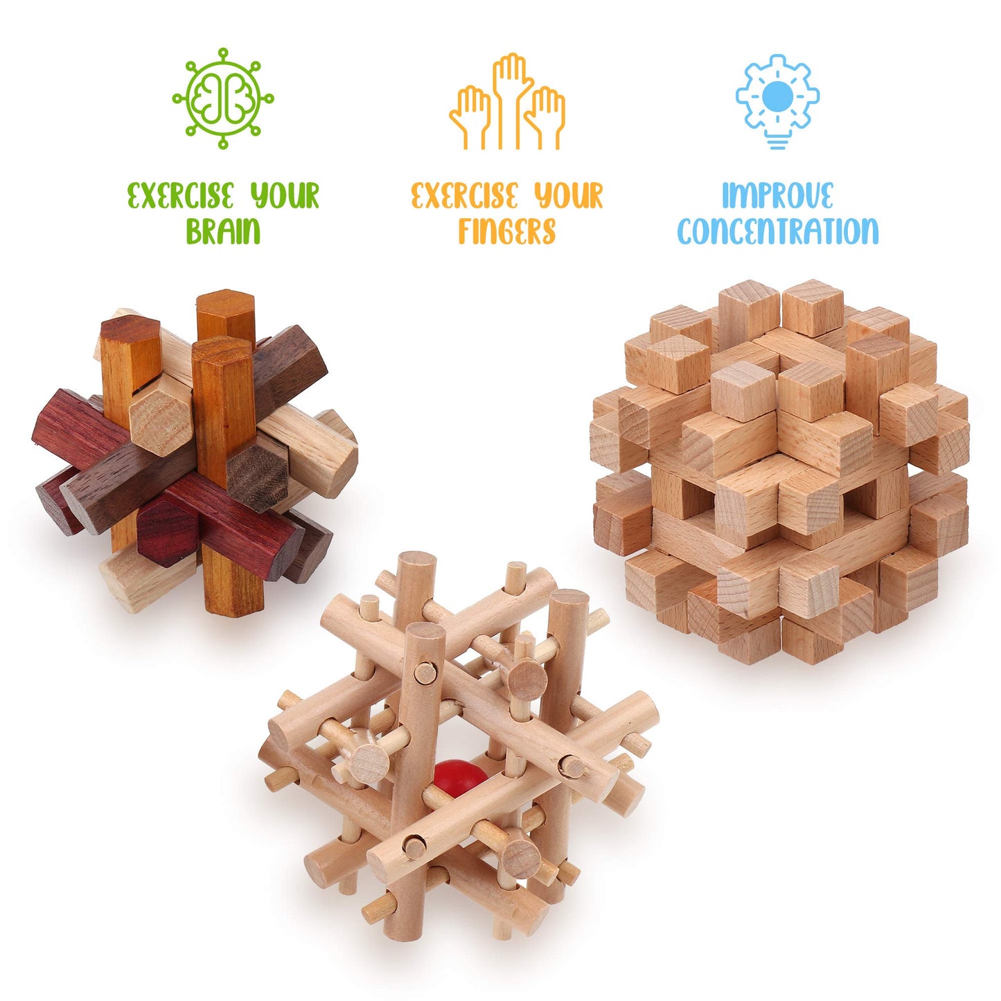 Wooden Brain Teaser Puzzles For Adults & Kids - 3D Puzzles Brain Games, Iq, Mind And Logic Test - Challenging Wood Educational Toys By Sharp Brain Zone