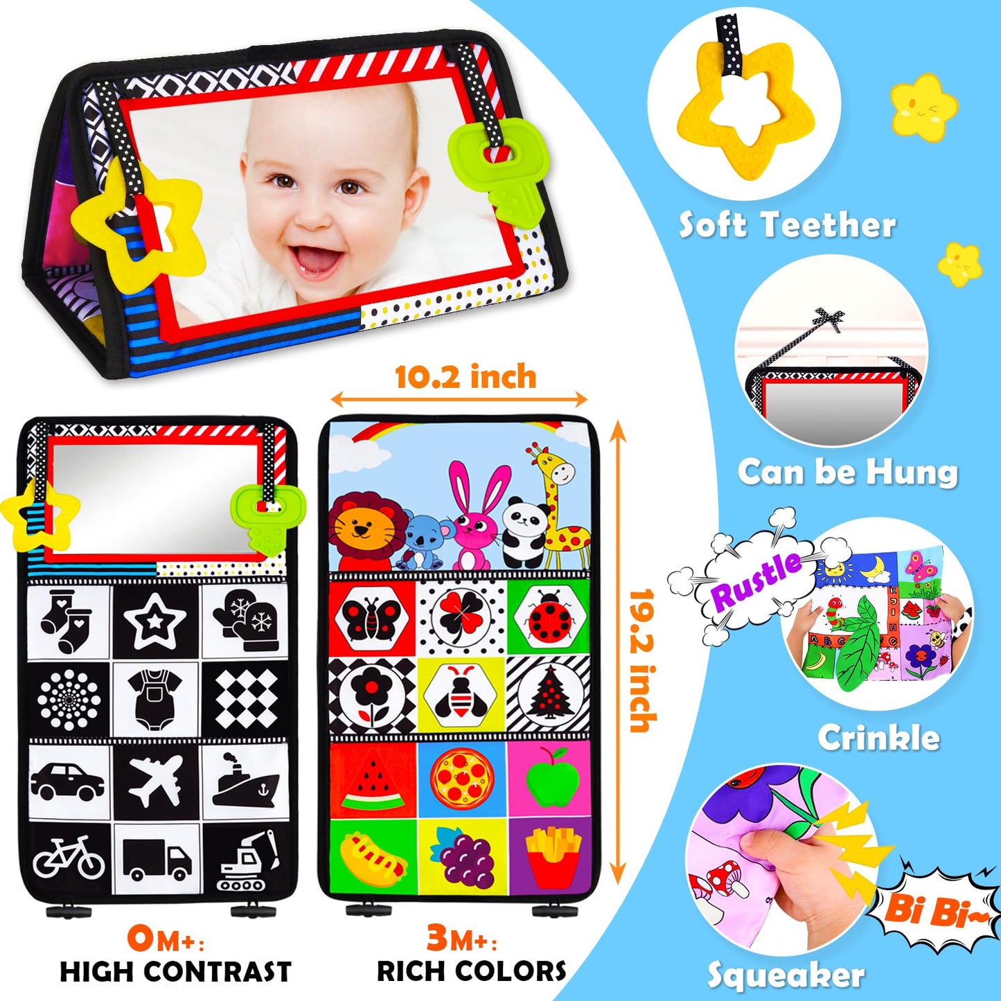 Tummy Time Mirror Baby Toys 3-6 Months Infant Newborn Toys 0-3 Months Brain Development Montessori Sensory Crinkle Toys Teether Black And White High Contrast Baby Toys 0-6 6-12 Month Boy Girl Gifts
