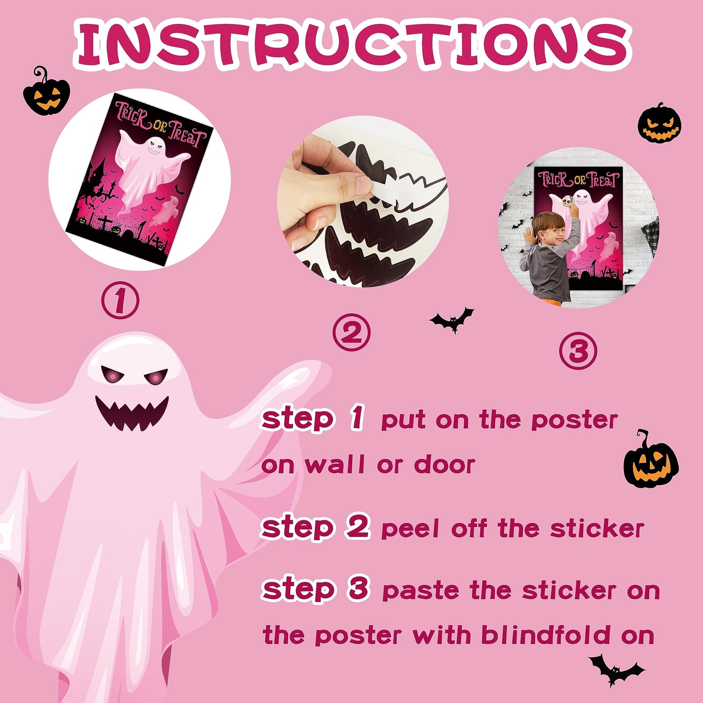Pin The Mouth On The Ghost Halloween Party Game For Kids Ghost Poster With 24 Pieces Mouth Stickers And A Blindfold For Hallowee