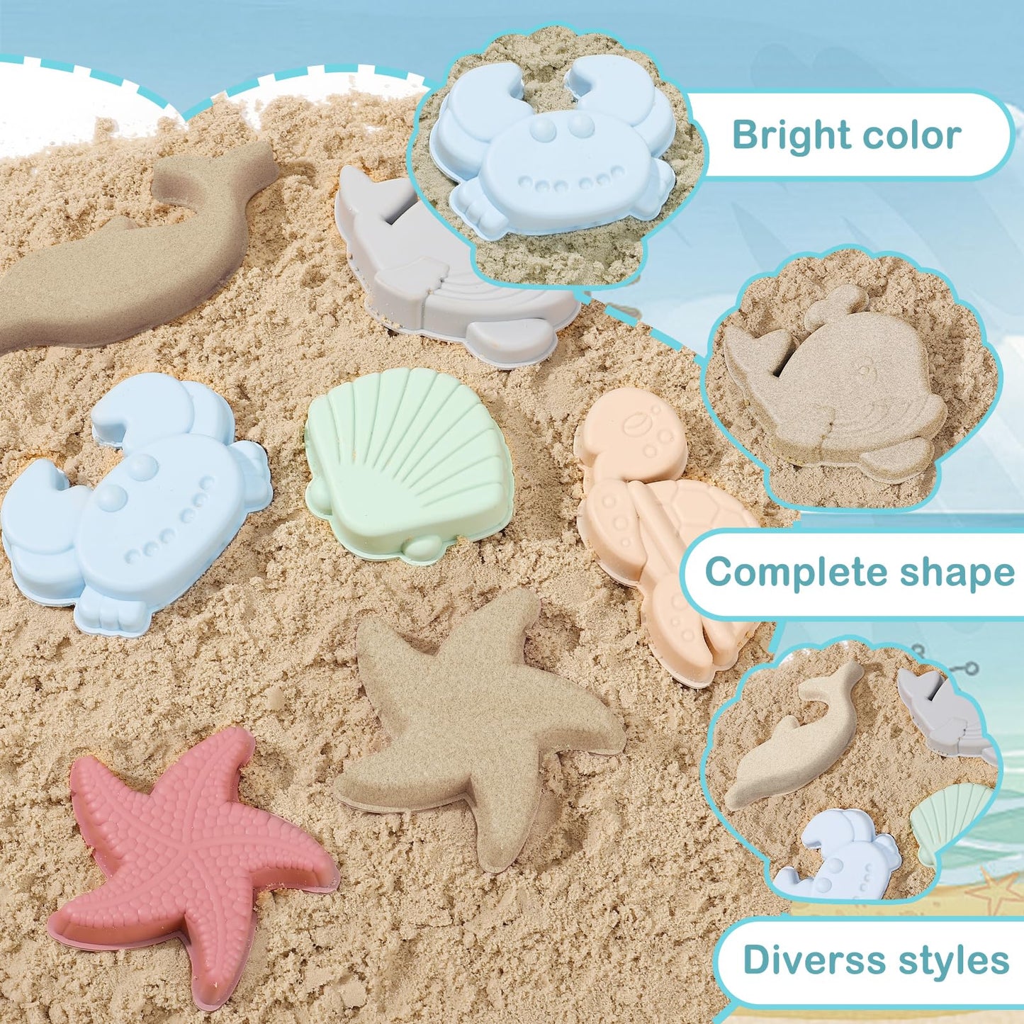 9Pcs Silicone Sand Toys for Baby with Portable Beach Bag - Kids Beach Set with Beach Toy Molds Shovel Bucket Set - Sand Toys Tod