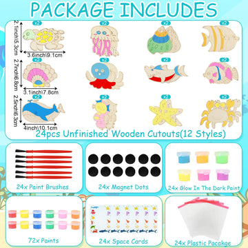 LARDUX Under The Sea Party Favors, 24PCS DIY Sea Ocean Animals Party Favors Wooden Arts & Crafts Painting Kit for Kids, Glow in