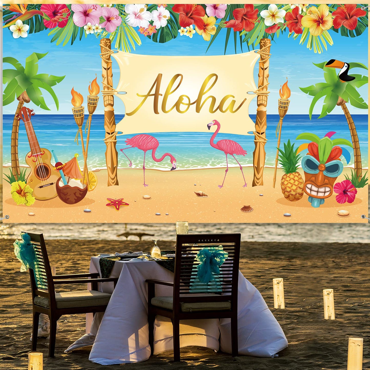 Hawaiian Aloha Party Decoration, Extra Large Summer Luau Beach Party Banner Backdrop Background Photography for Birthday Musical