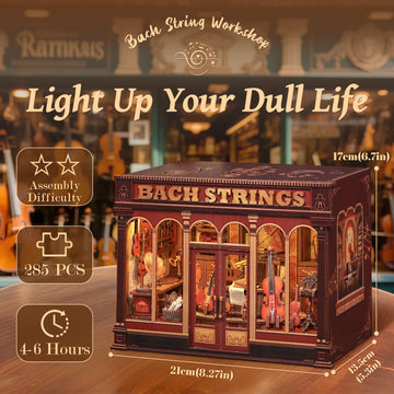 Fsolis Book Nook Kit - DIY Scene Miniature Dollhouse Kit for mature-themeds Shelf 3D Puzzles 285 pcs Tiny House Mini Music Shop Model Booknook Craft Bookshelf Decor Gifts for Women (Bach Strings)