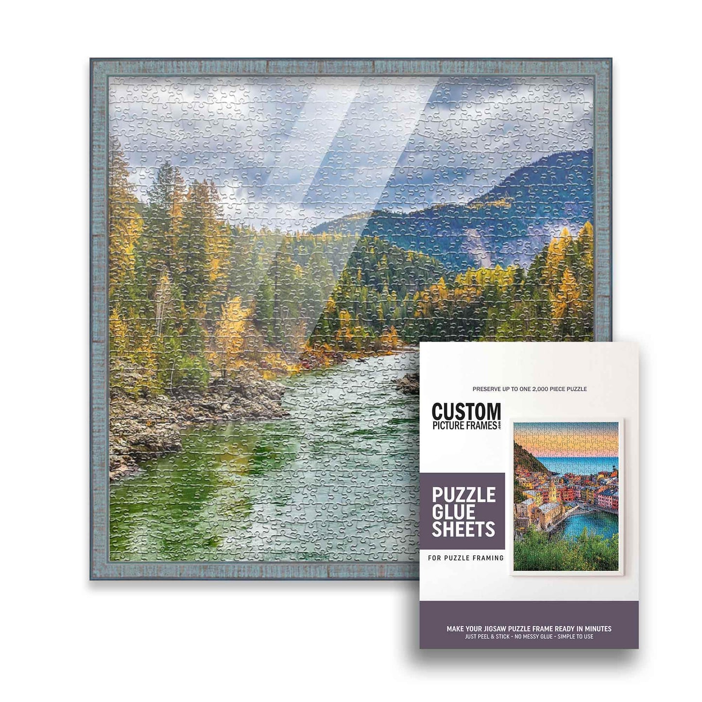 19X19 Frame Blue Solid Wood Picture Frame Set With Peel And Stick Puzzle Glue Sheets | Interior Depth 0.5 Inches | Rustic Blue P