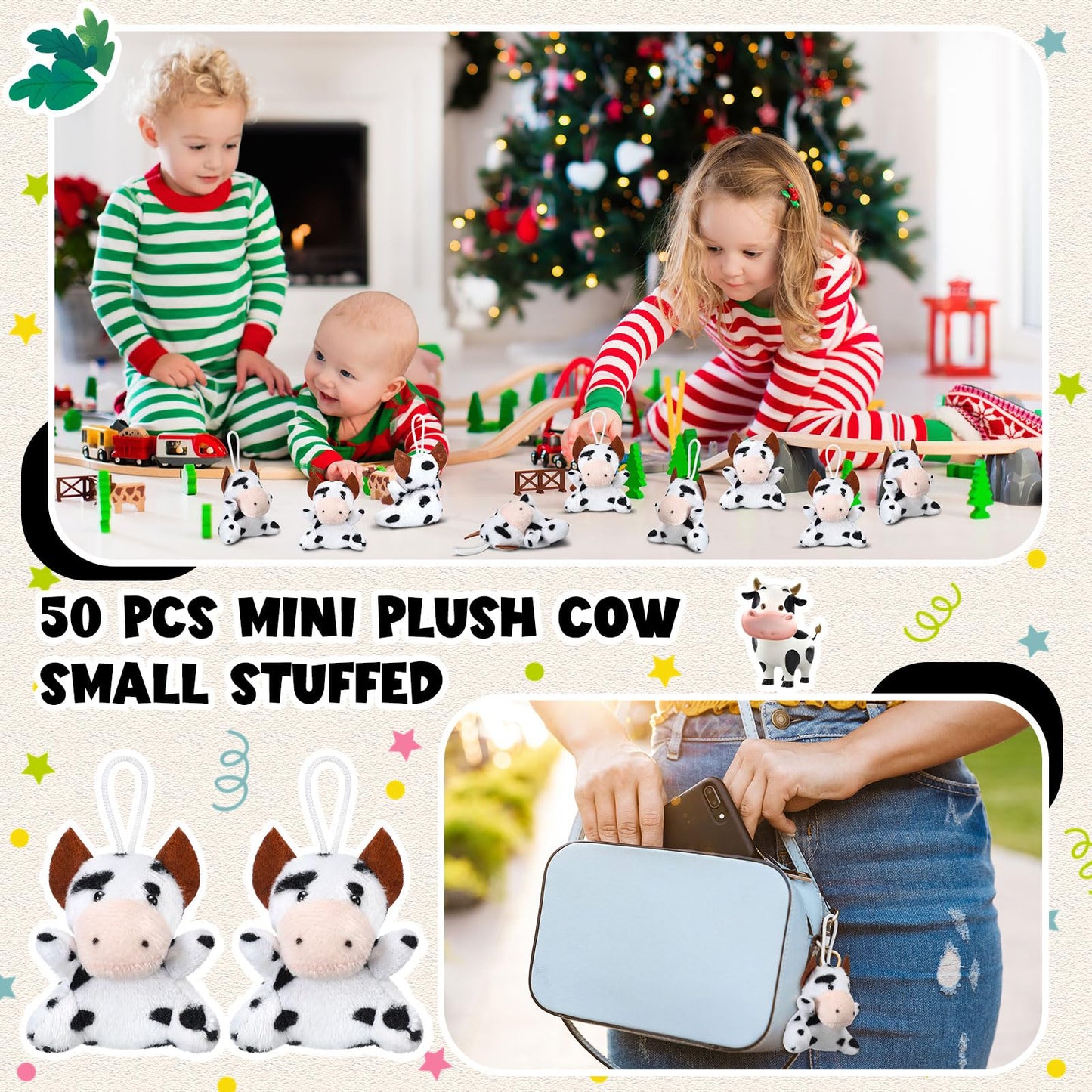 Shappy 50 Pcs Mini Animal Plush Toys Small Stuffed Animals Bulk Cute Tiny Plushies Keychains For Gift Party Carnival Prize(Cow)