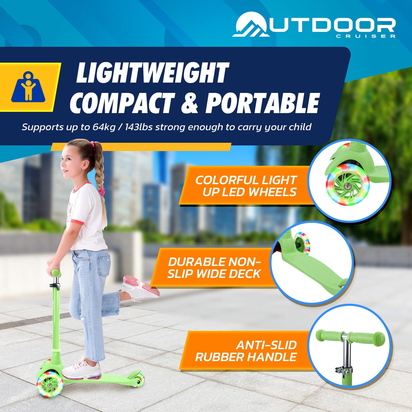 Outdoor Cruiser 3-Wheel Kids Scooter - With Lean-To-Steer Technology, Wide Deck, Led Lighted Wheel, 4-Level Adjustable Height T-