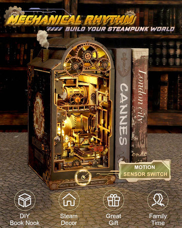 Ourmiao Book Nook Kit Mechanical Rhythm, Diy Booknooks Kit For Adults With Sensor Lights, Bookshelf Diorama Miniature Scenes Ins