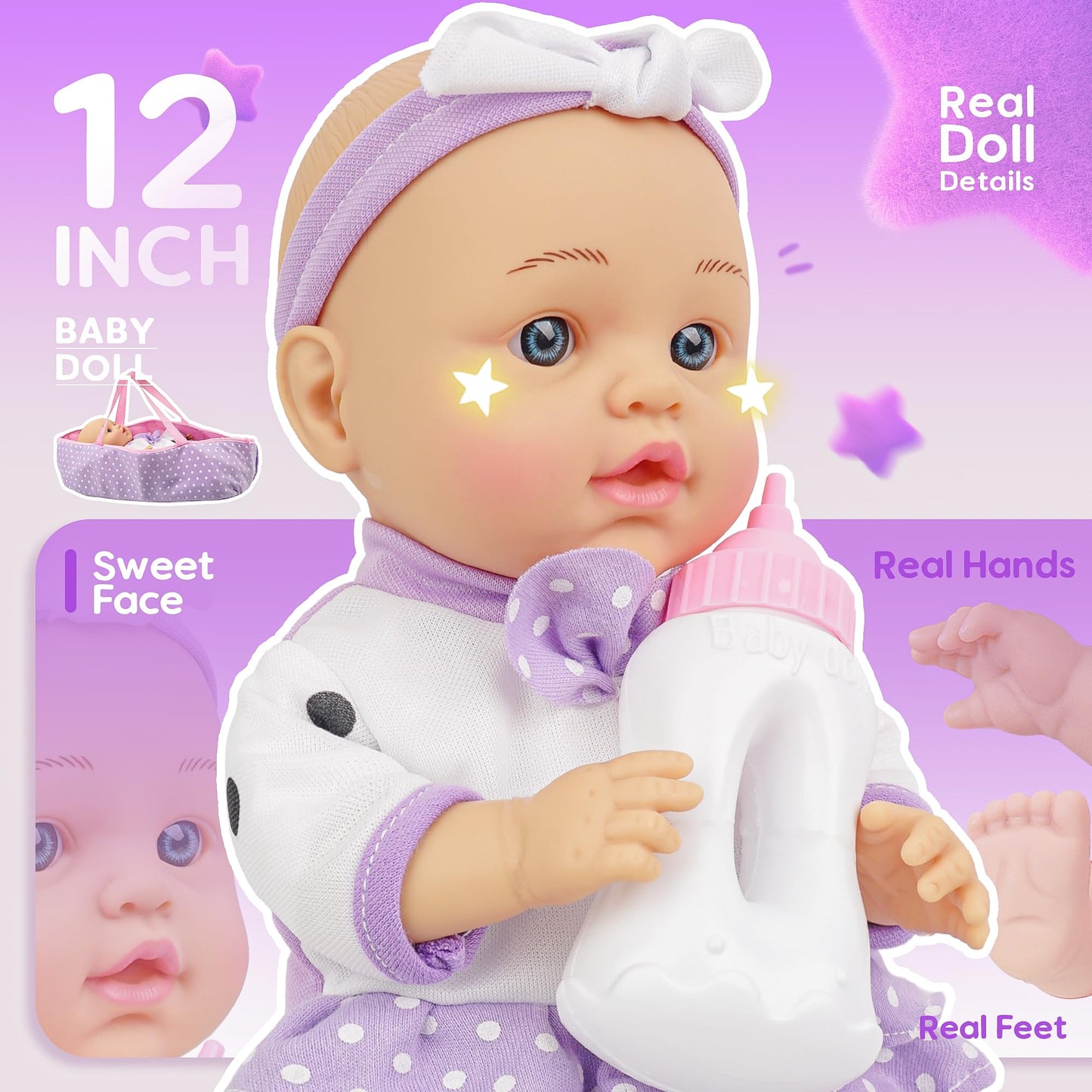 Smilesskiddo Baby Doll With Accessories, 12'' Dolls Playset With Washable Carrier Bassinet Bed, Bottle, Blanket, And Pillow, Sof