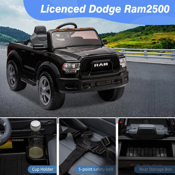 12V Ride-On Electric Truck, Licensed Dodge Ram 2500, With Remote Control, Led Light/Music/Mp3, Back Storage & Cup Holder, Kids E