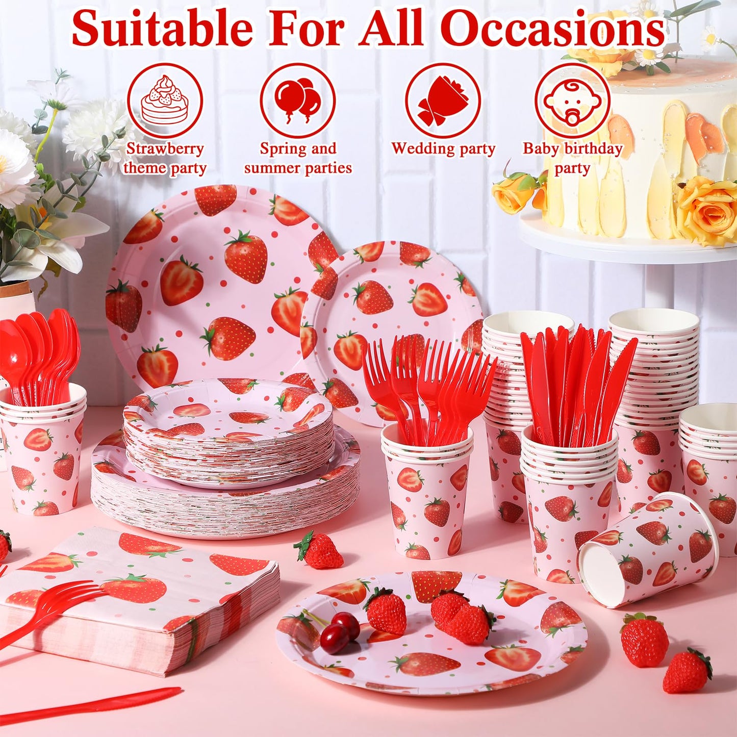Ziliny 350 Pcs Strawberry Party Supplies Tableware Set Disposable 9 7 Paper Plates 9 oz Cups Cutlery Napkins Dinnerware