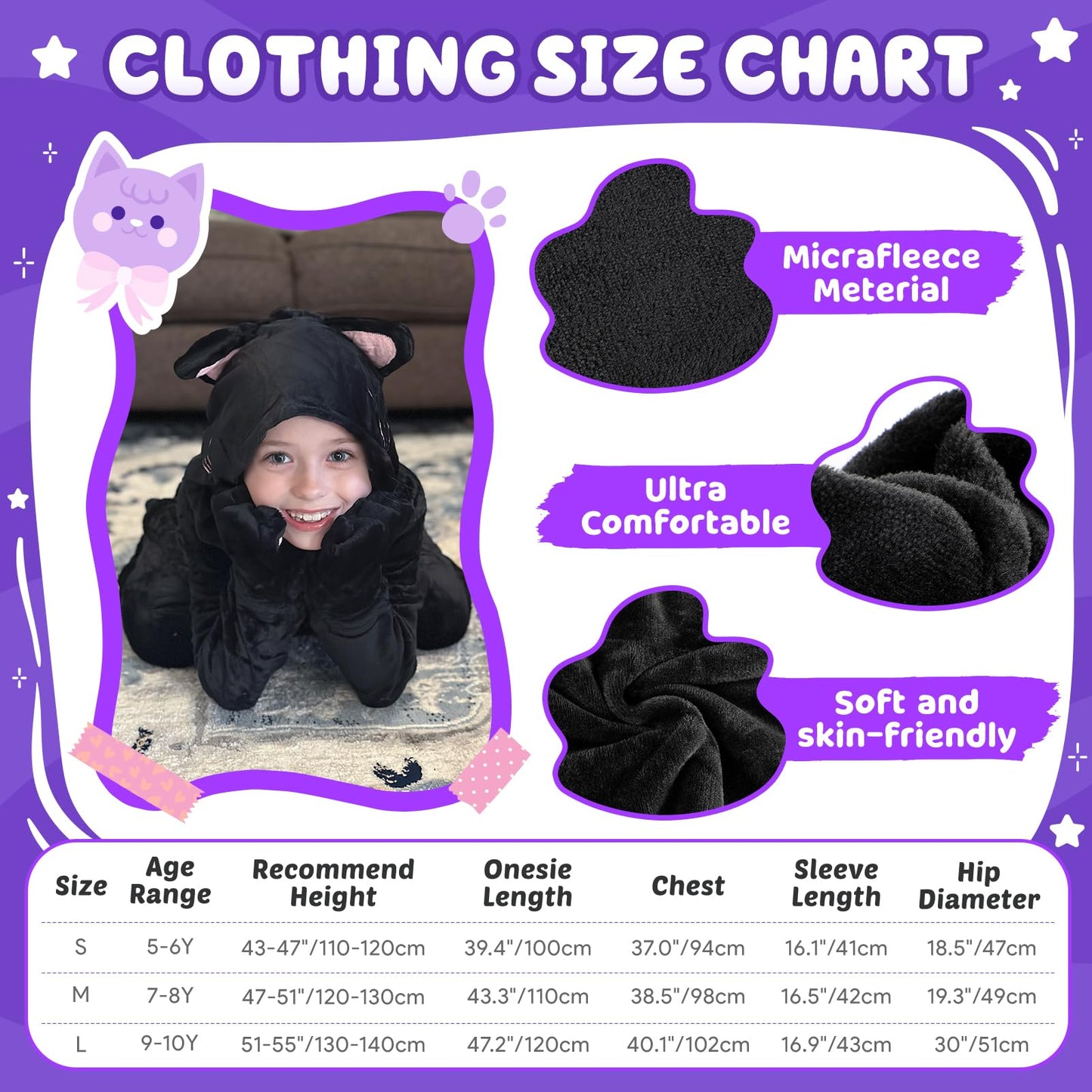 Giftinbox Cat Costume For Girls, Zip-Up Hooded Onesie Black Cat Costume For Kids Dress Up, Role Play Halloween Costumes For Kids Girls 5 6 7 8 9 10 11
