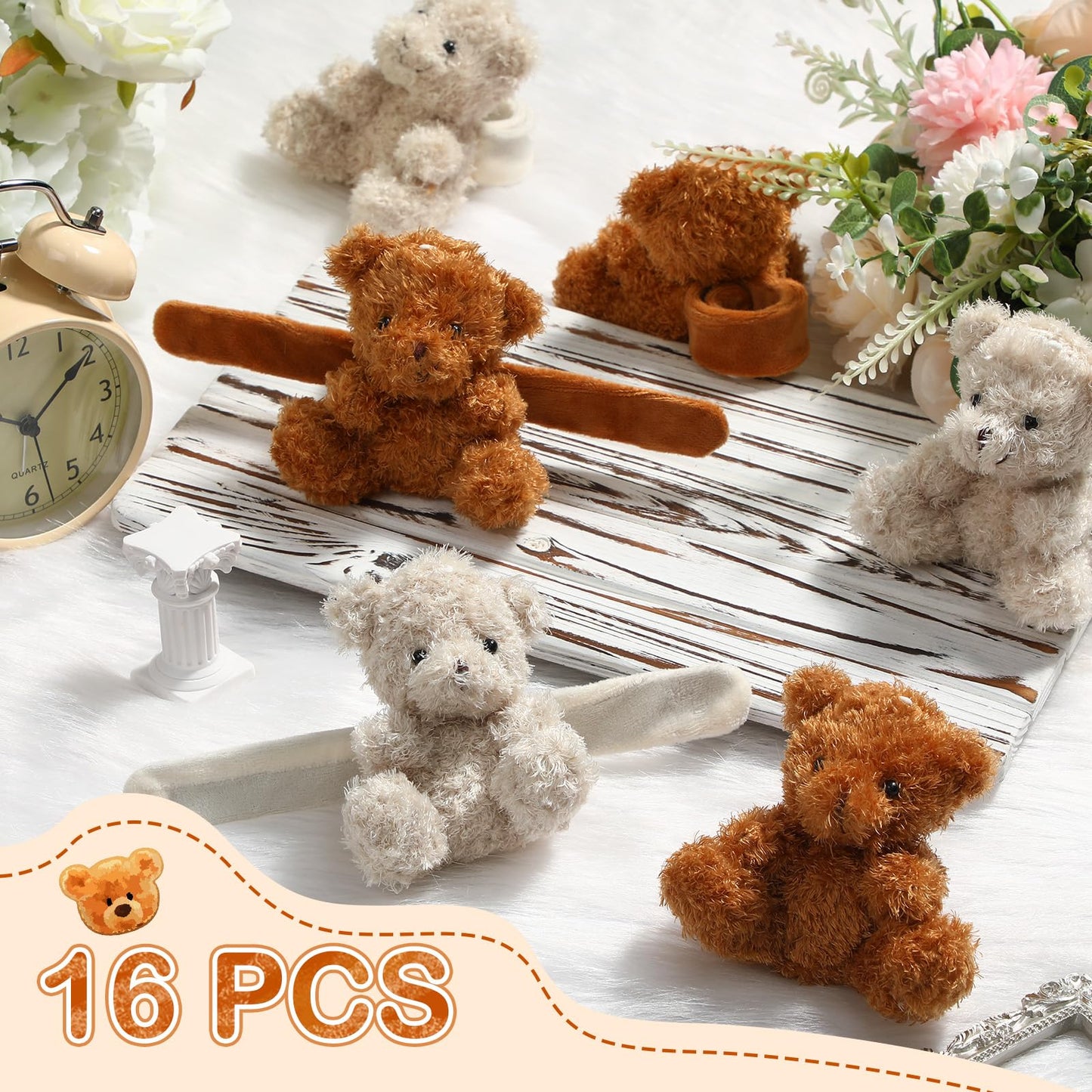 Ceenna 16 Pcs Valentine's Day Stuffed Bear Animal Slap Bracelets Plush Bear Slap Bracelets 8.66 Inch Adorable Bear Slap Wrist Br