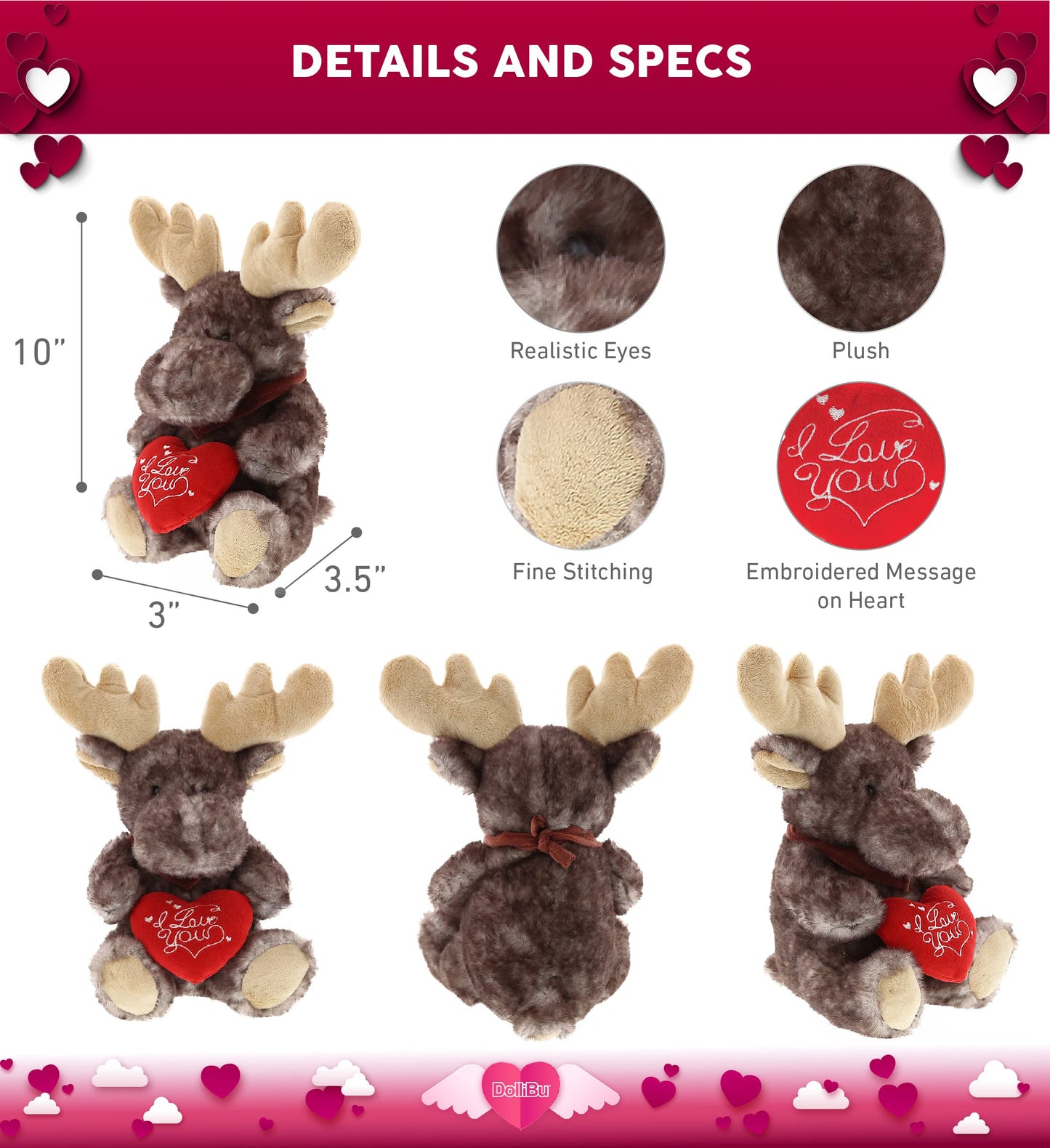 Dollibu I Love You Valentine Plush Brownish Sitting Moose - Cute Stuffed Animal With Red Heart And Name Personalization Gift For Valentines Day, Birthday, Anniversary, Romantic Date - 10 Inches