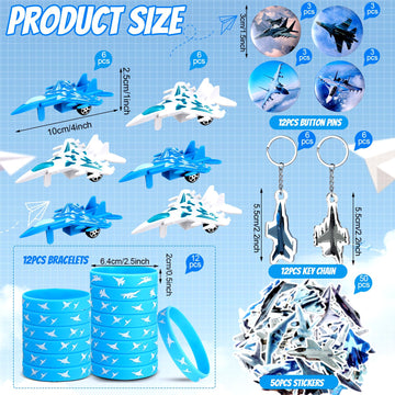 Meooeck 110 Pcs Airplane Party Decorations Fighter Jet Birthday Party Supplies with 12 Airplane Toys, 12 Silicone Bracelets, 12