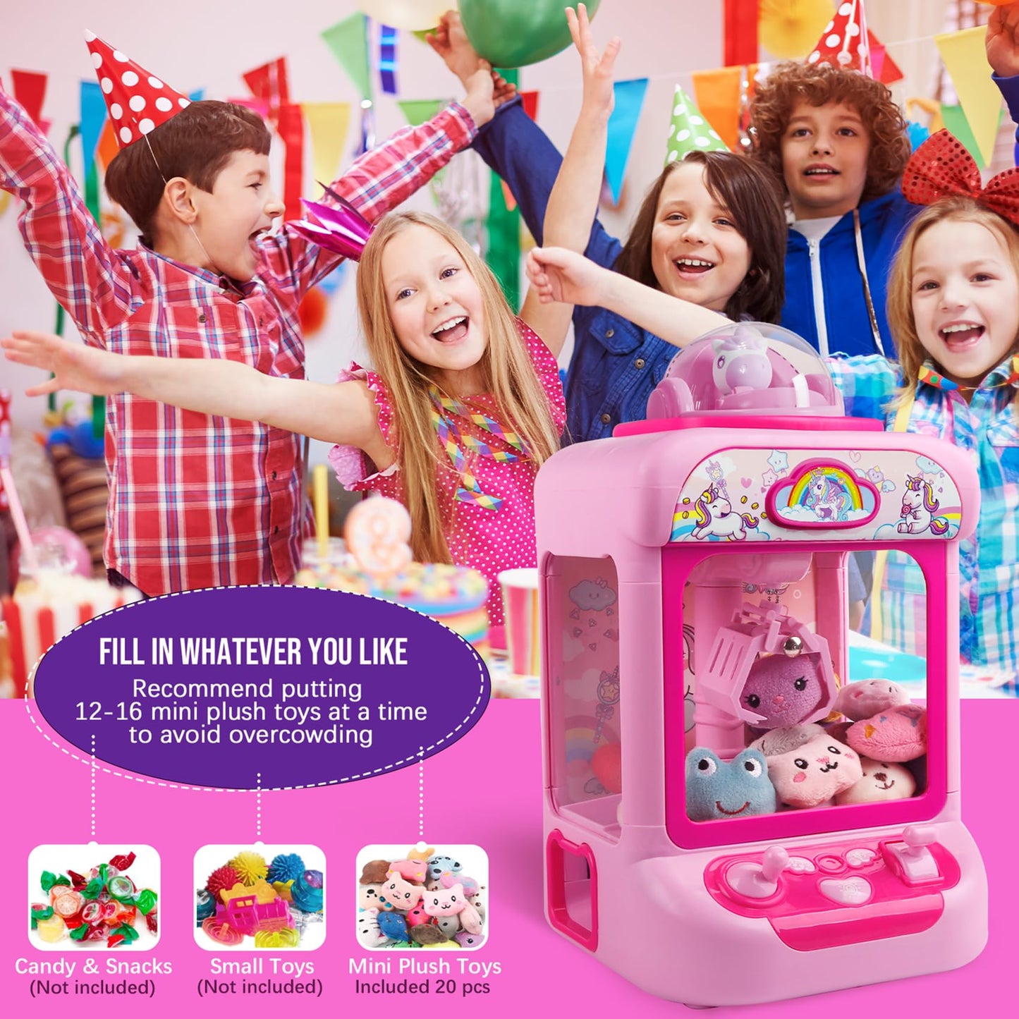Tingingyuli Claw Machine For Kids,Unicorn Mini Vending Machines Candy Grabber Prize Dispenser Pink Toys For Girls,Electronic Arc