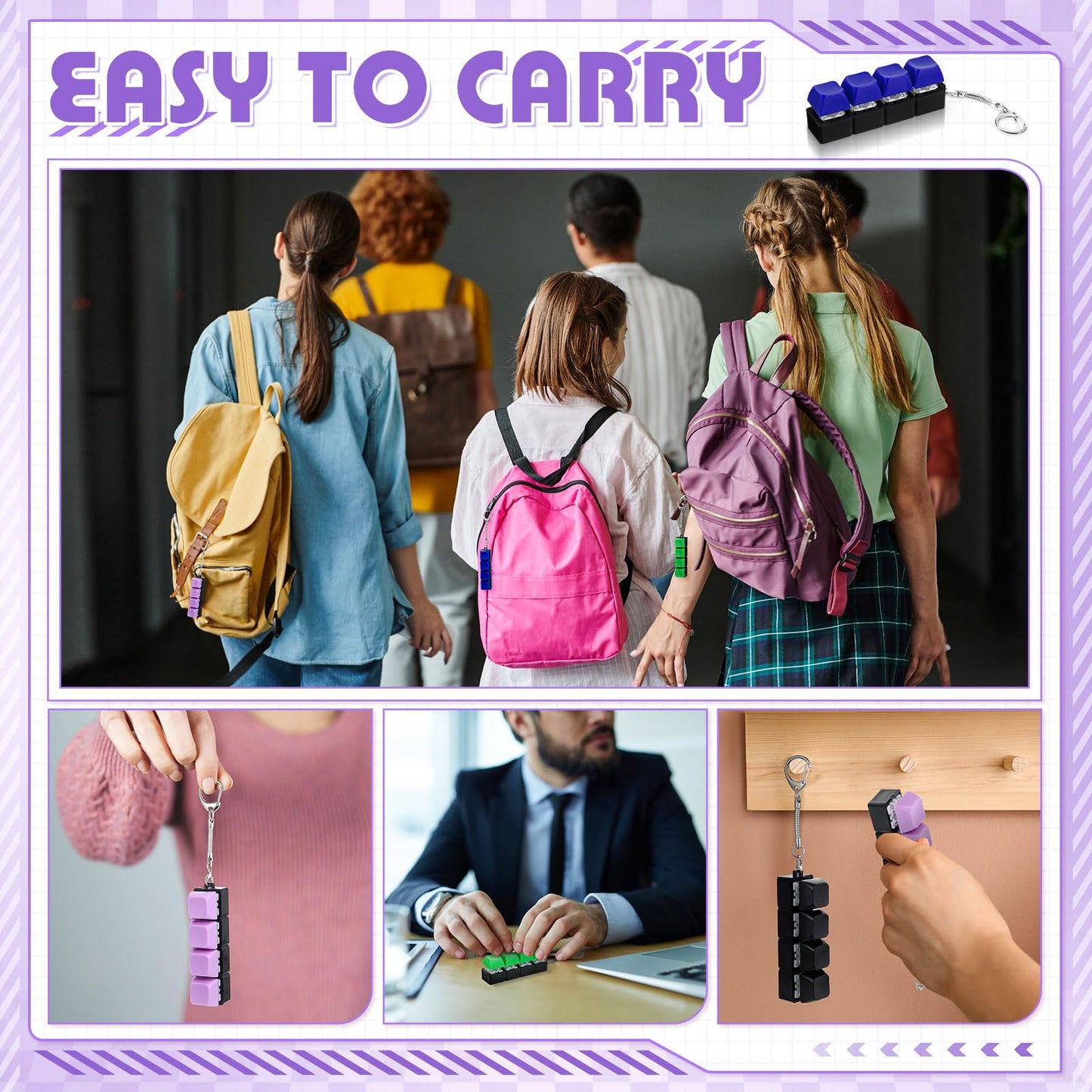 Halloscume 4 Pcs Keyboard mature-themed Fidget Toy Clicker Toy 4-in-1 Keyboard Fidget Keychain Cube Mechanical Key Button Clicker Stress Relief Gift for Office School Home to Pass The Time (Solid Colors)