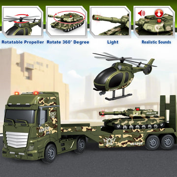 SpringFlower Toddler Boy Toys, 3 in 1 Large Army Truck Toy with Helicoper and Tank, Military Transport Truck Toy, Christmas Birt