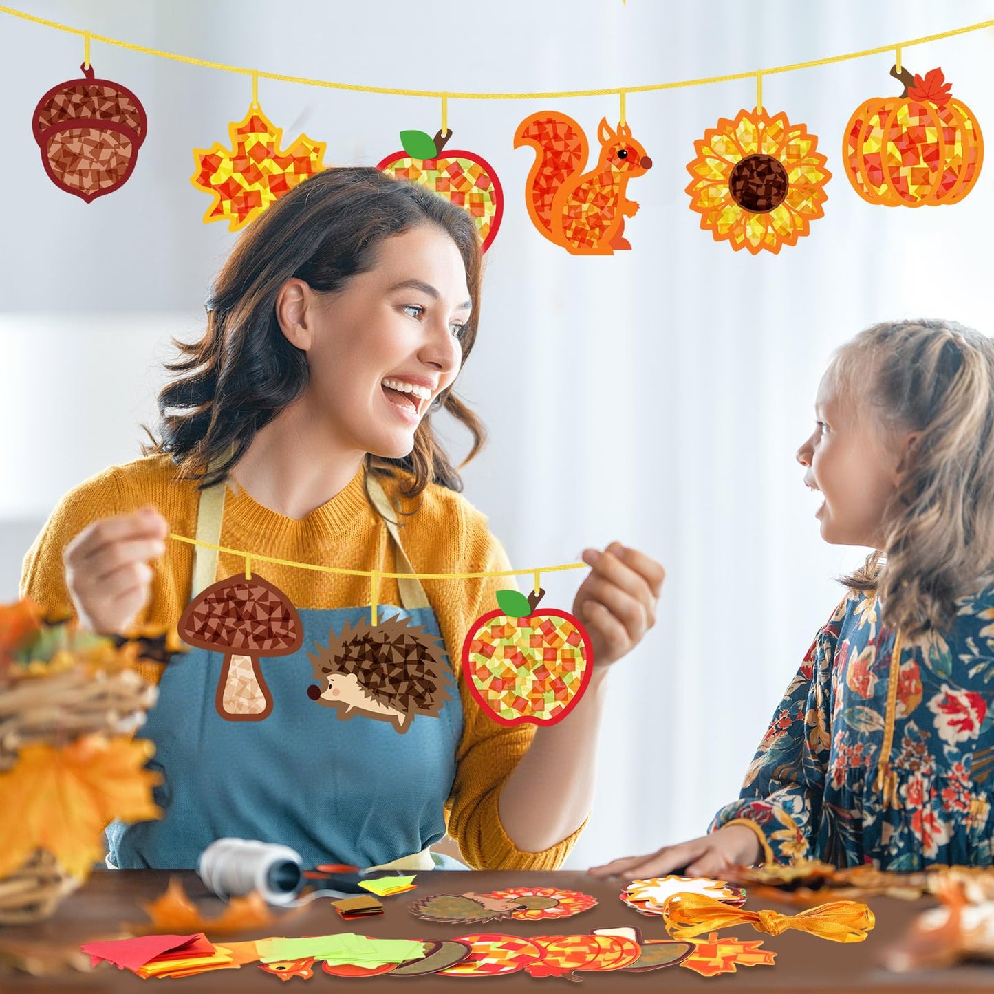 Funrous 32 Set Fall Suncatcher Craft Kit Autumn Harvest Suncatcher Paper Crafts with Tissue Paper DIY Window Stained Glass Effec